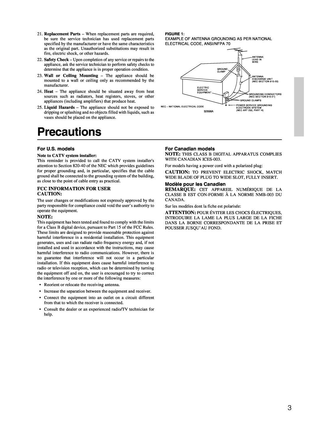 Onkyo HT-R410 Precautions, For U.S. models, Fcc Information For User, For Canadian models, Modèle pour les Canadien 
