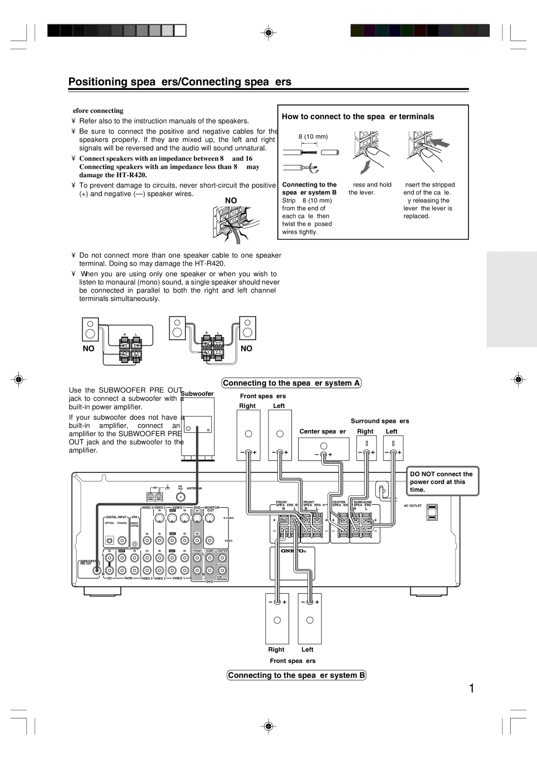 Onkyo HT-R420 appendix Positioning speakers/Connecting speakers, How to connect to the speaker terminals 