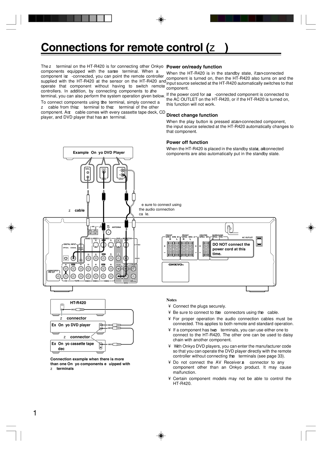 Onkyo HT-R420 Connections for remote control z, Power on/ready function, Direct change function, Power off function 