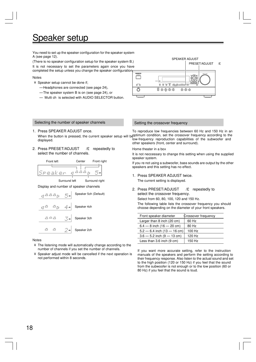 Onkyo HT-R420 appendix Speaker setup, Setting the crossover frequency, Press Speaker Adjust twice 