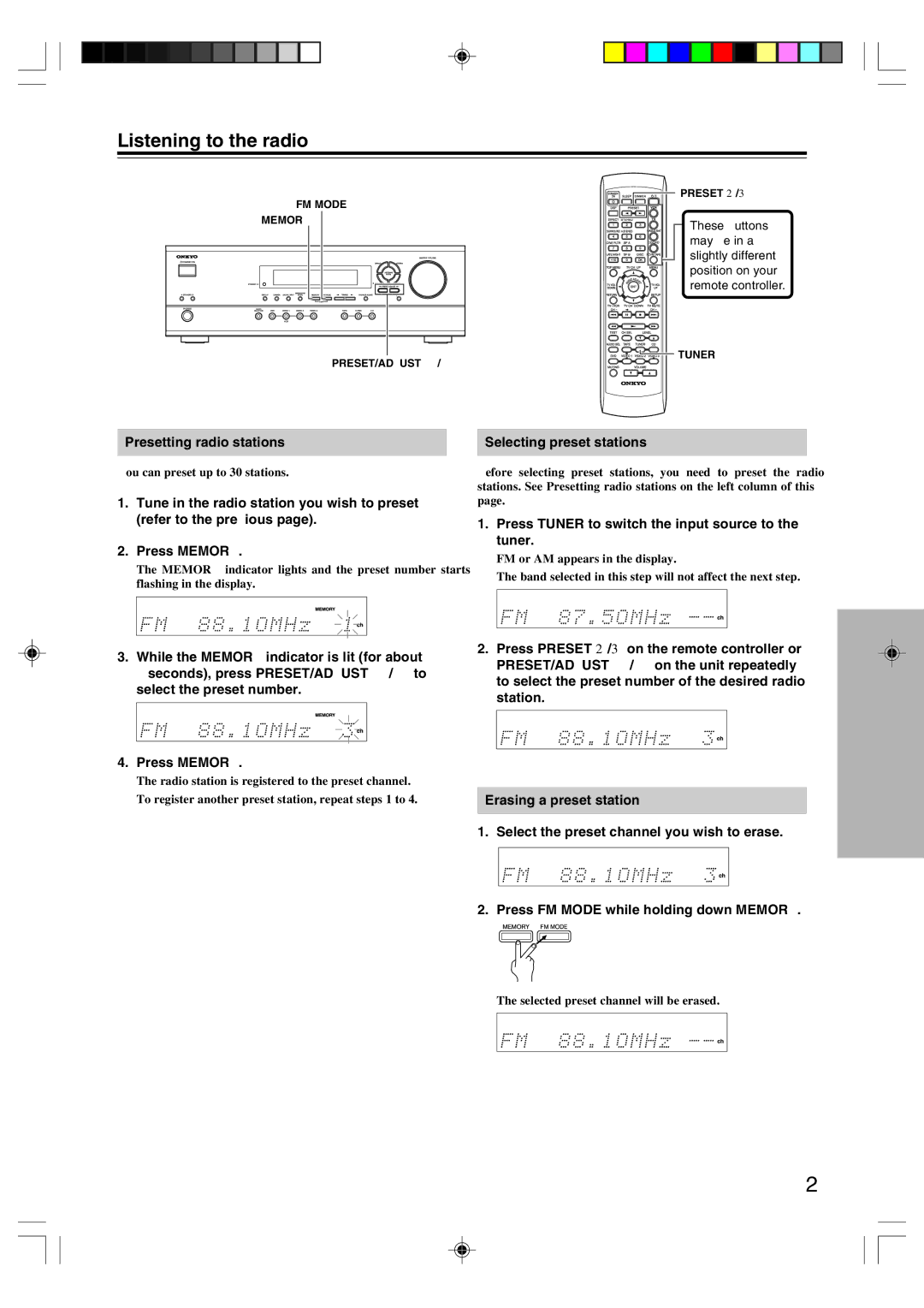 Onkyo HT-R420 appendix Listening to the radio, Presetting radio stations, Selecting preset stations, Tuner 