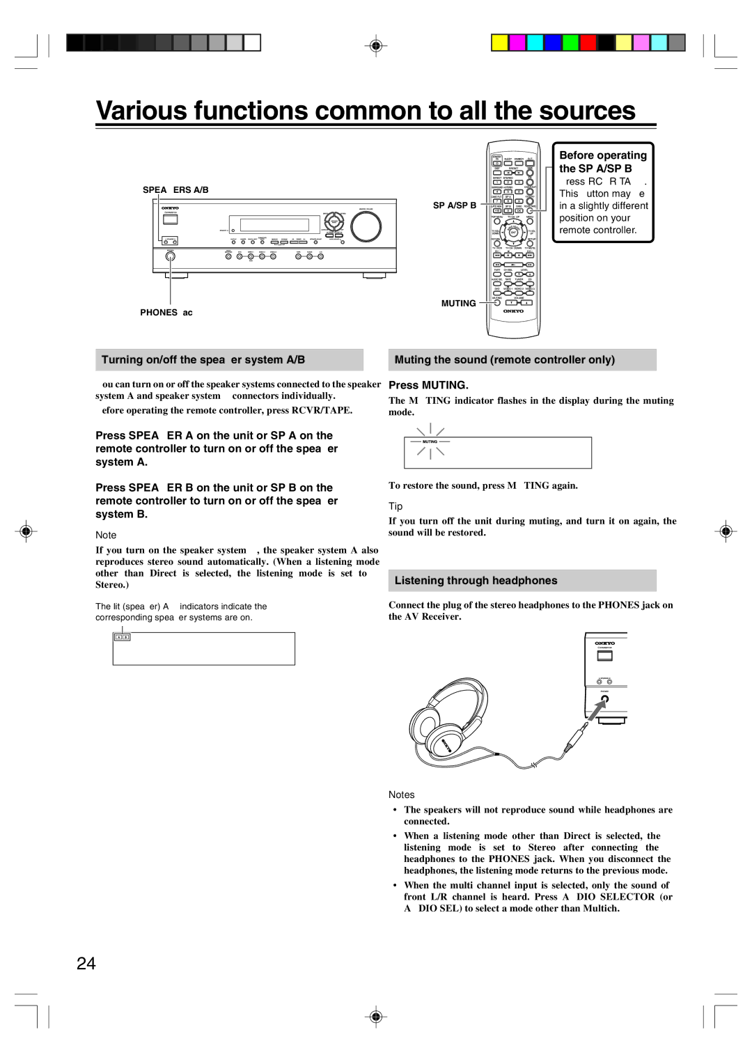 Onkyo HT-R420 Various functions common to all the sources, Before operating the SP A/SP B, Listening through headphones 