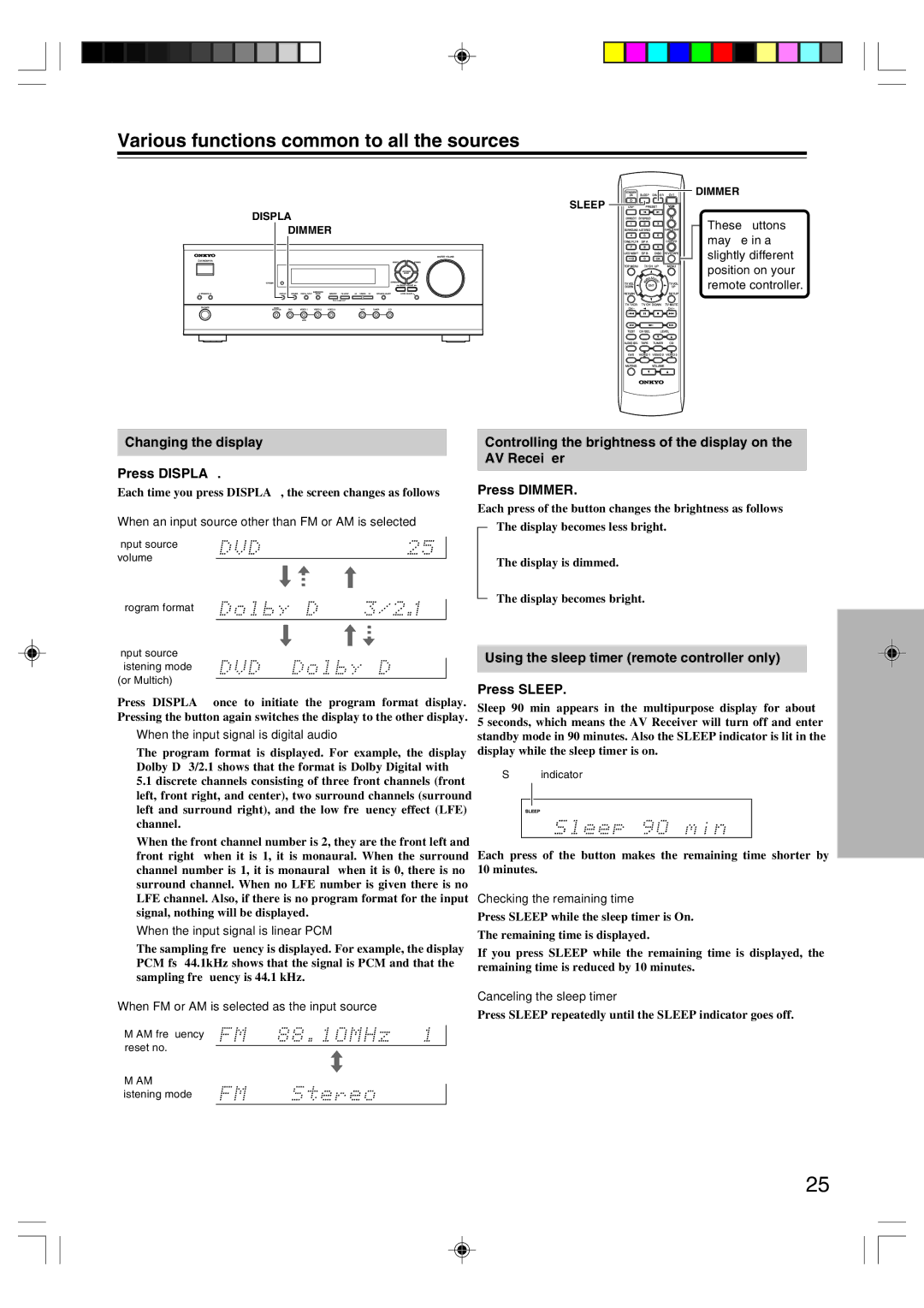 Onkyo HT-R420 appendix Various functions common to all the sources, Changing the display Press Display 