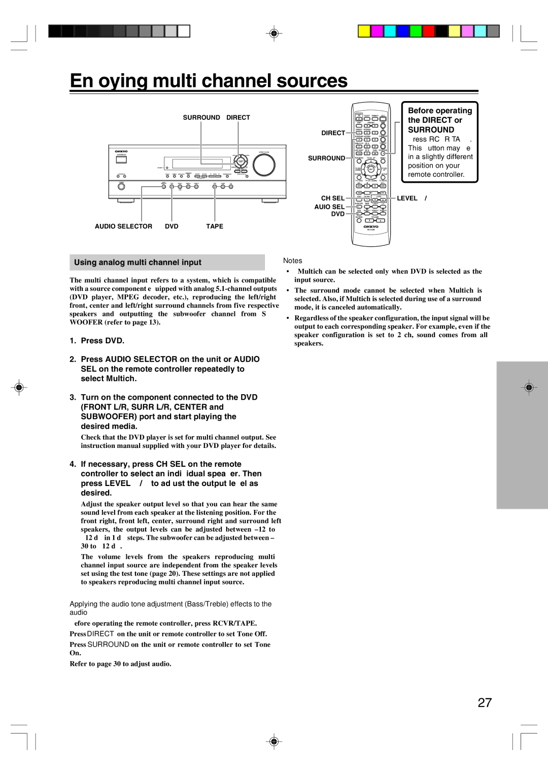 Onkyo HT-R420 appendix Enjoying multi channel sources, Before operating the Direct or, Using analog multi channel input 