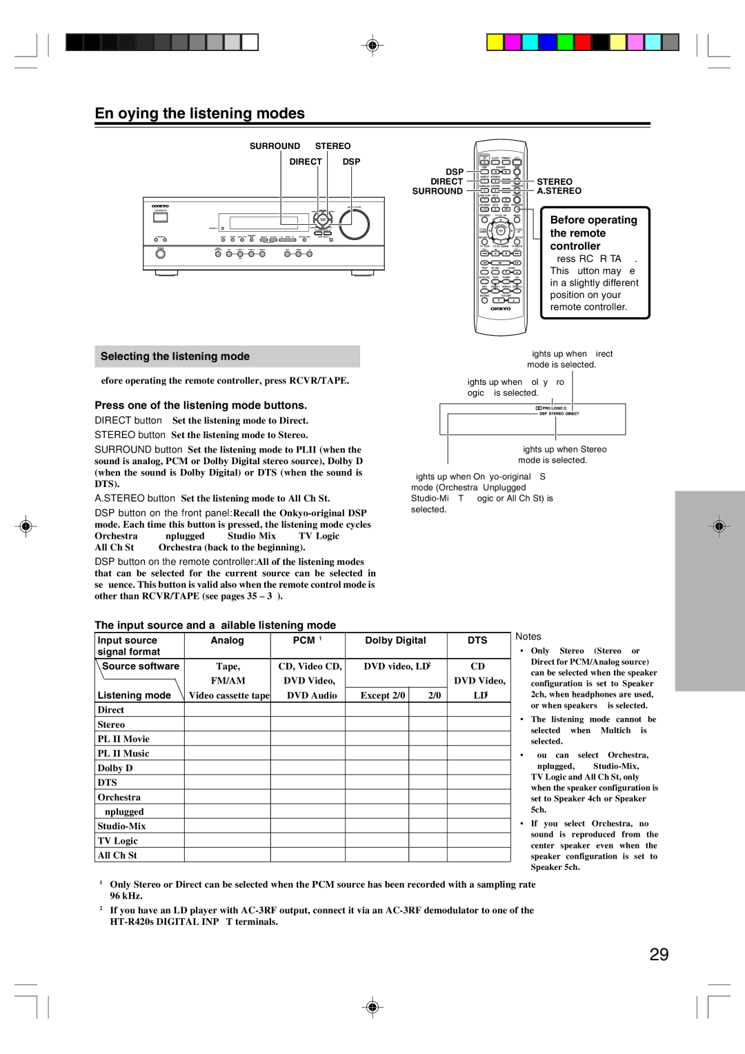 Onkyo HT-R420 appendix Enjoying the listening modes, Selecting the listening mode, Before operating the remote controller 