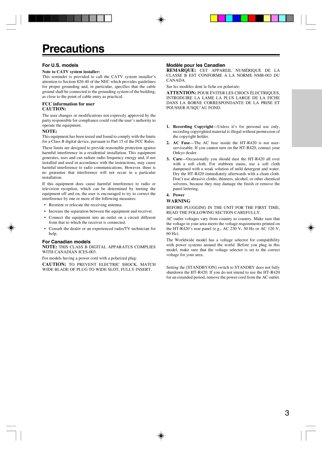 Onkyo HT-R420 appendix Precautions, For U.S. models, For Canadian models, Modèle pour les Canadien, Power 