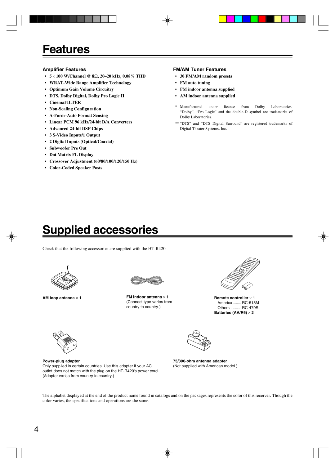 Onkyo HT-R420 appendix Supplied accessories, Amplifier Features, FM/AM Tuner Features 