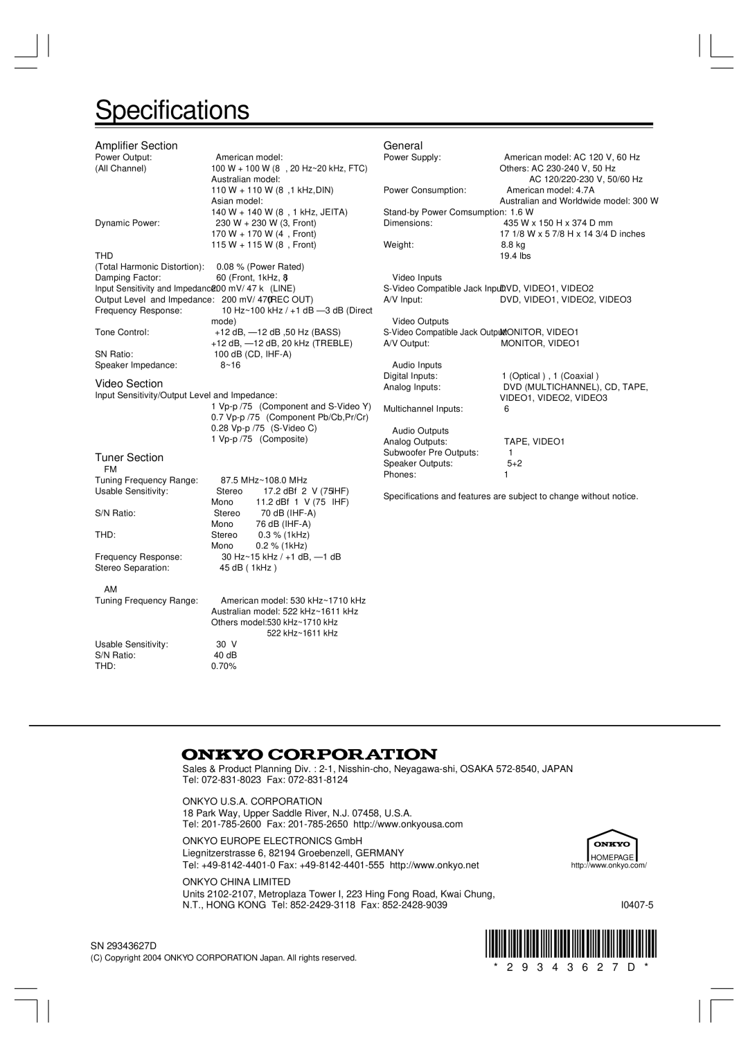 Onkyo HT-R420 appendix Specifications, Amplifier Section, Video Section, Tuner Section, General 