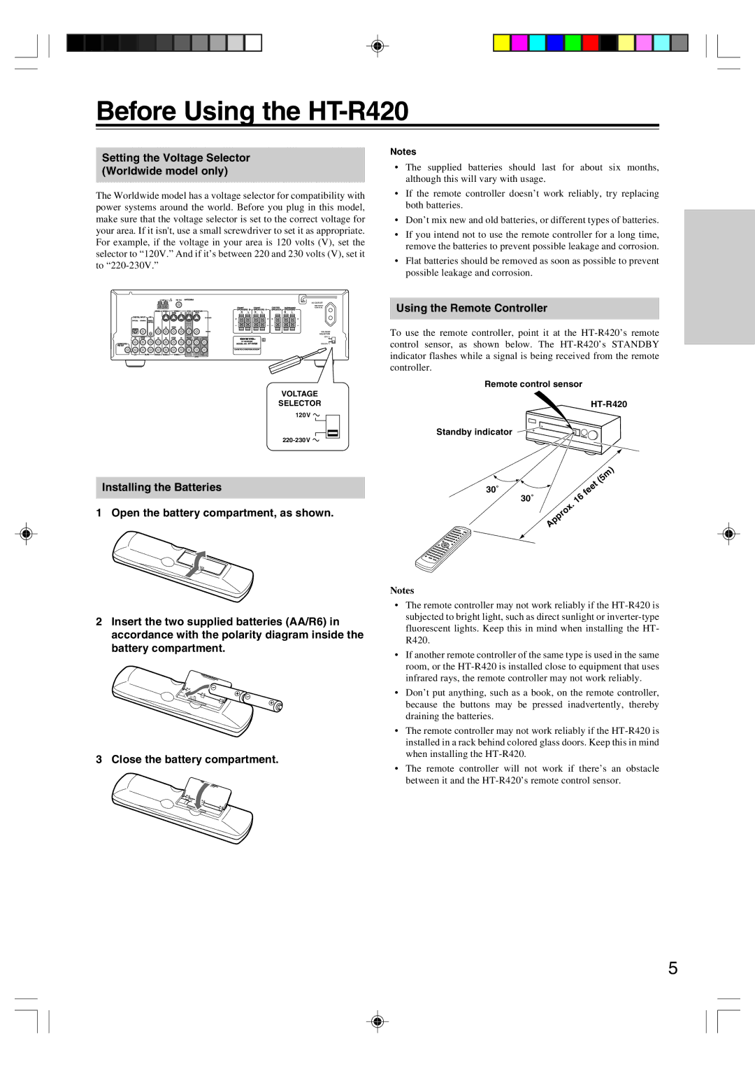 Onkyo appendix Before Using the HT-R420, Setting the Voltage Selector Worldwide model only, Using the Remote Controller 