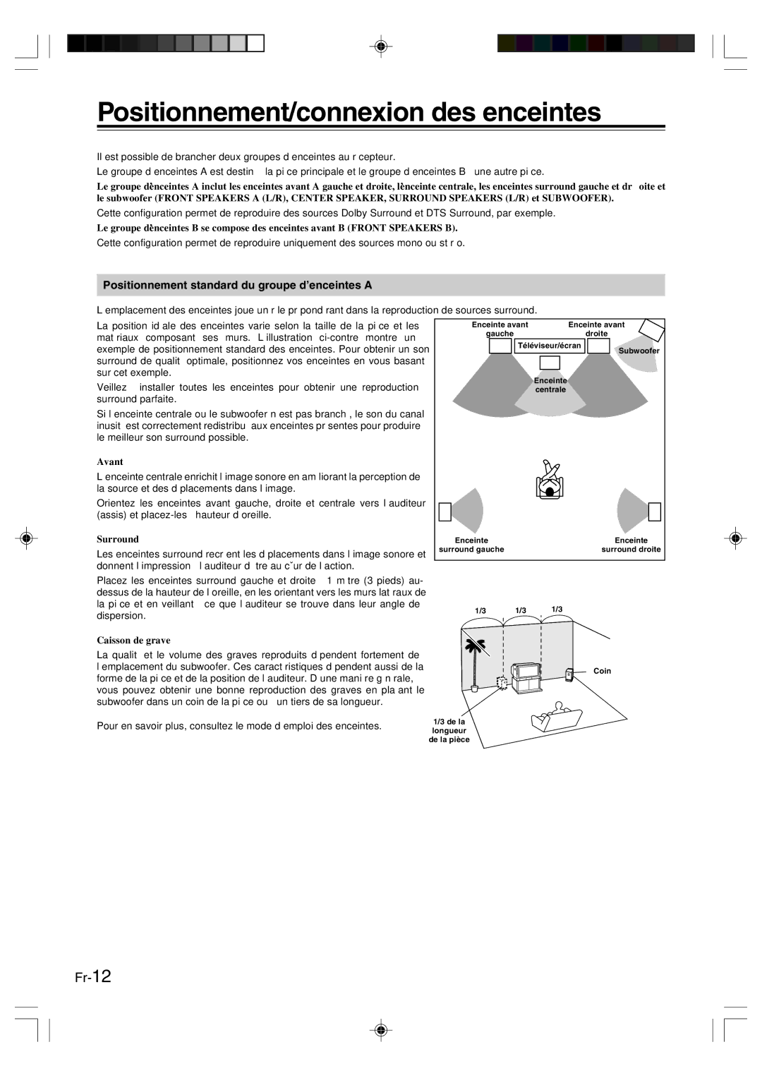 Onkyo HT-R420 Positionnement/connexion des enceintes, Positionnement standard du groupe d’enceintes a, Avant, Surround 