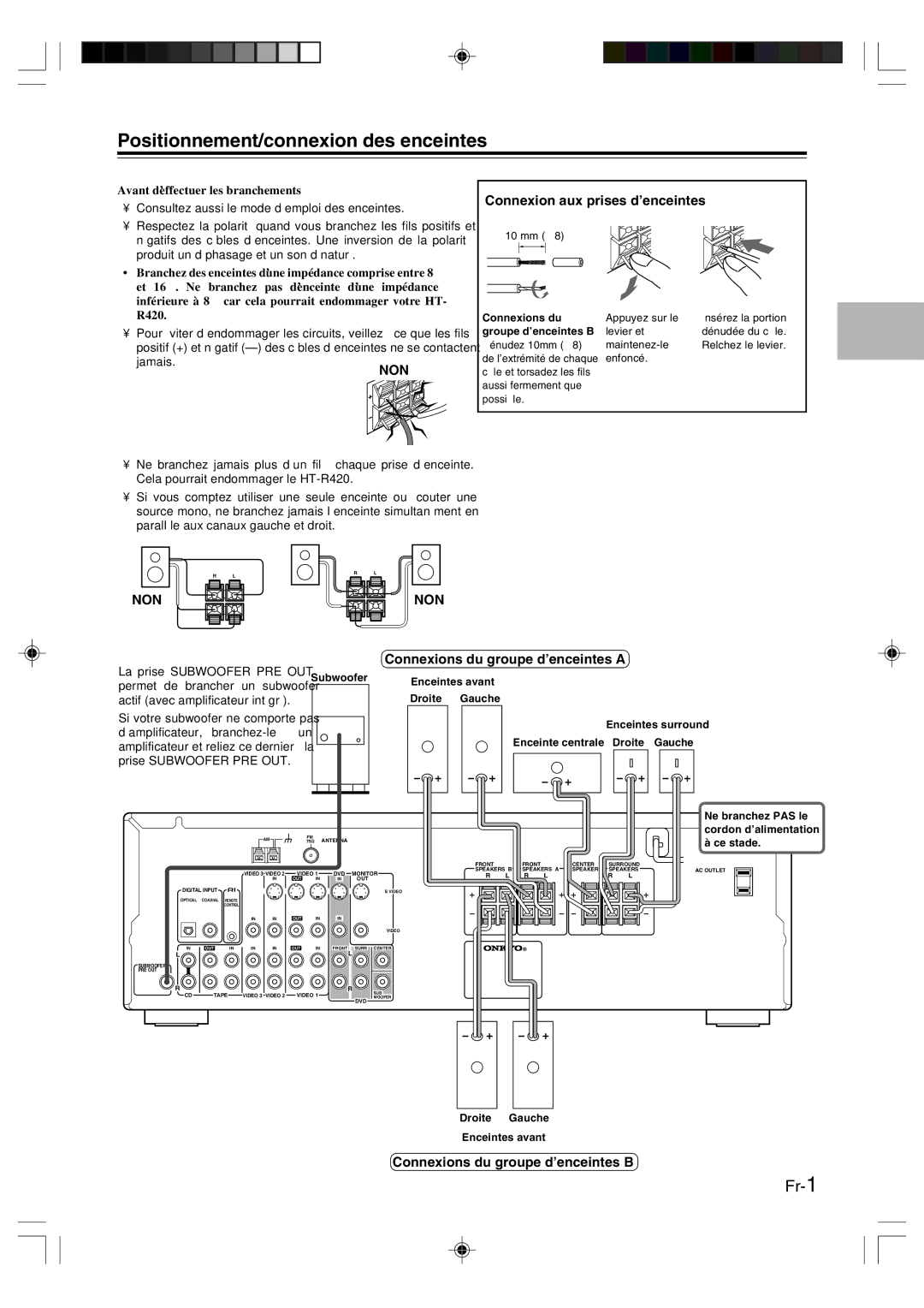 Onkyo HT-R420 Positionnement/connexion des enceintes, Connexions du groupe d’enceintes a, Droite Gauche Enceintes avant 