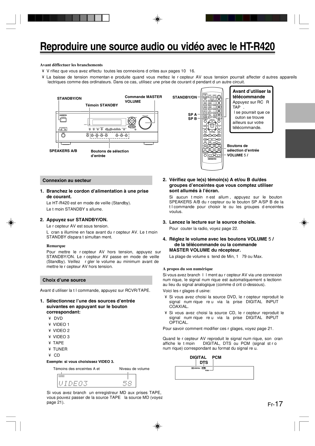 Onkyo HT-R420 manual Appuyez sur STANDBY/ON, Choix d’une source, Lancez la lecture sur la source choisie 