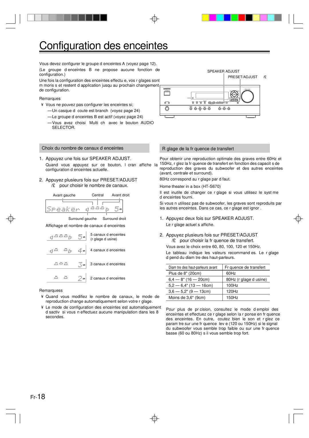 Onkyo HT-R420 Configuration des enceintes, Réglage de la fréquence de transfert, Appuyez deux fois sur Speaker Adjust 