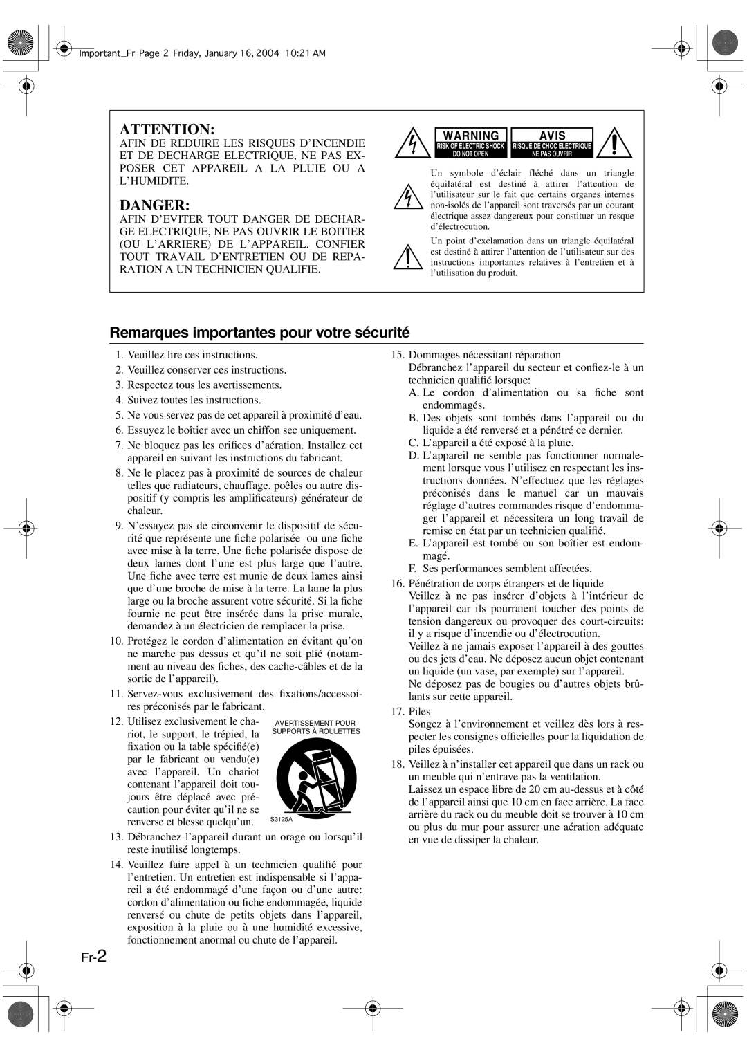 Onkyo HT-R420 manual Remarques importantes pour votre sécurité, Avis 