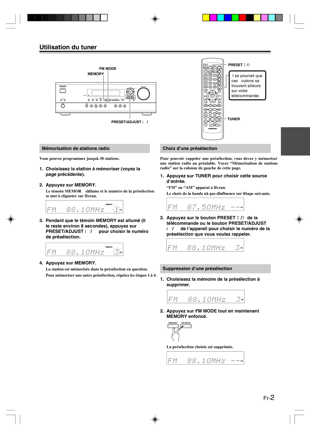 Onkyo HT-R420 manual Utilisation du tuner, Mémorisation de stations radio, Choix d’une présélection, Tuner 