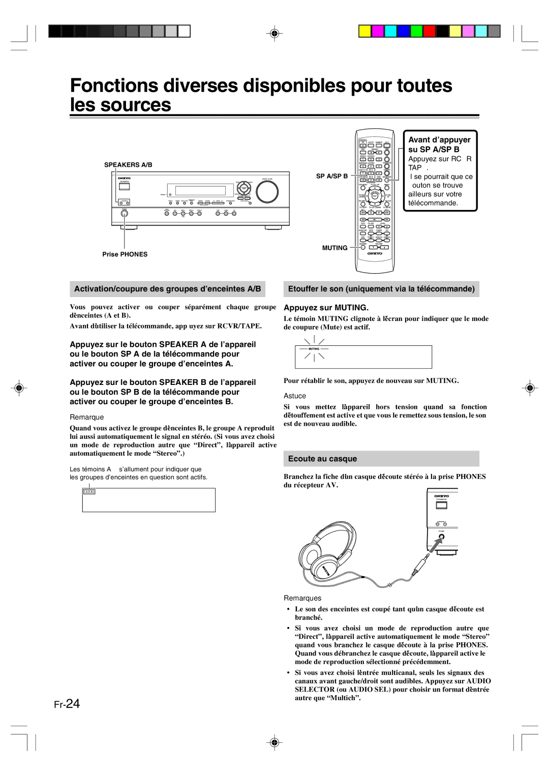 Onkyo HT-R420 manual Fonctions diverses disponibles pour toutes les sources, Avant d’appuyer su SP A/SP B, Ecoute au casque 