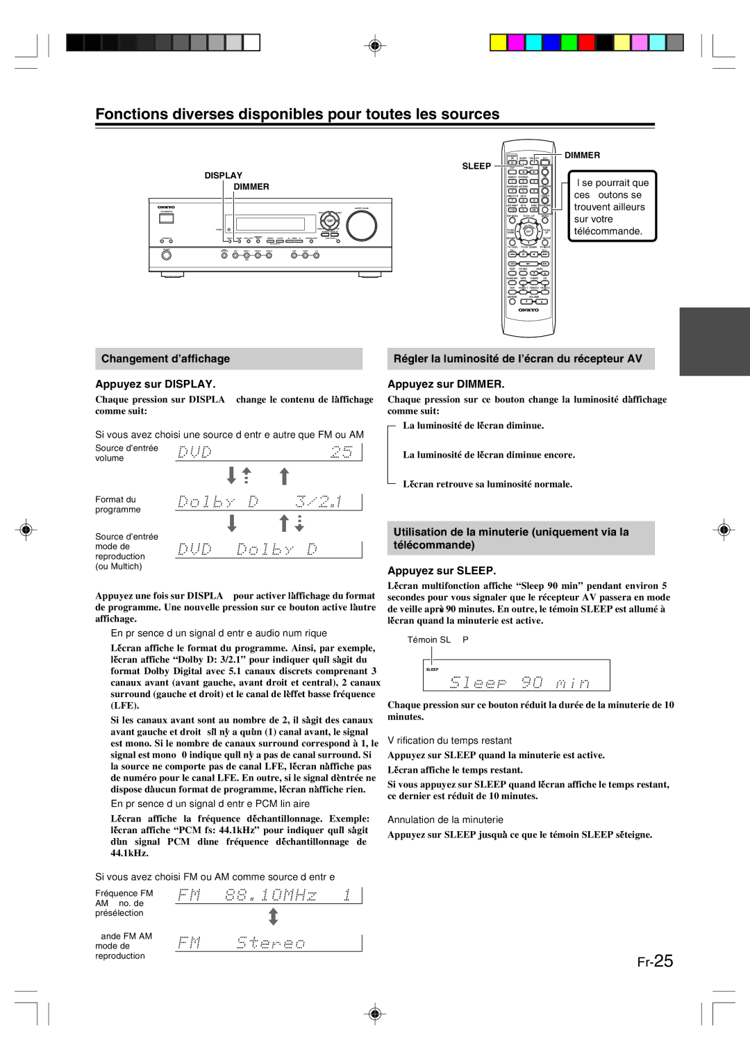 Onkyo HT-R420 manual Fonctions diverses disponibles pour toutes les sources, Changement d’affichage Appuyez sur Display 