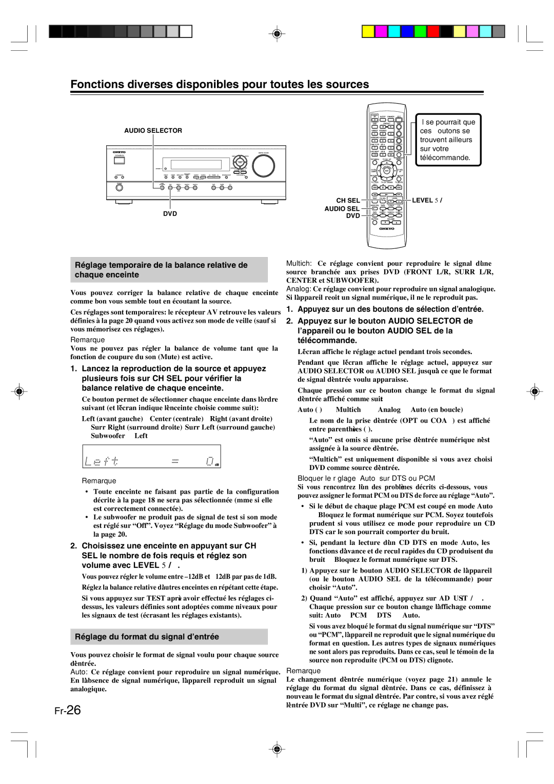 Onkyo HT-R420 manual Réglage du format du signal d’entrée, Bloquer le réglage Auto sur DTS ou PCM, Level 5/ ∞ 