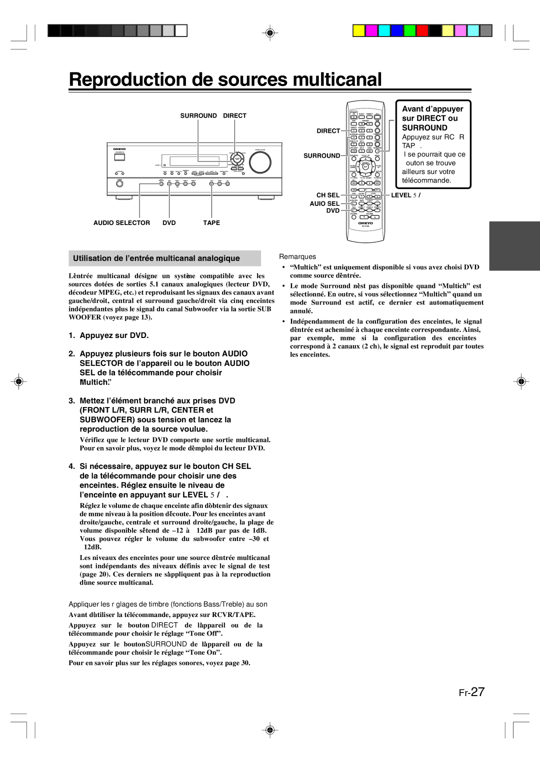 Onkyo HT-R420 manual Reproduction de sources multicanal, Sur Direct ou, Utilisation de l’entrée multicanal analogique 