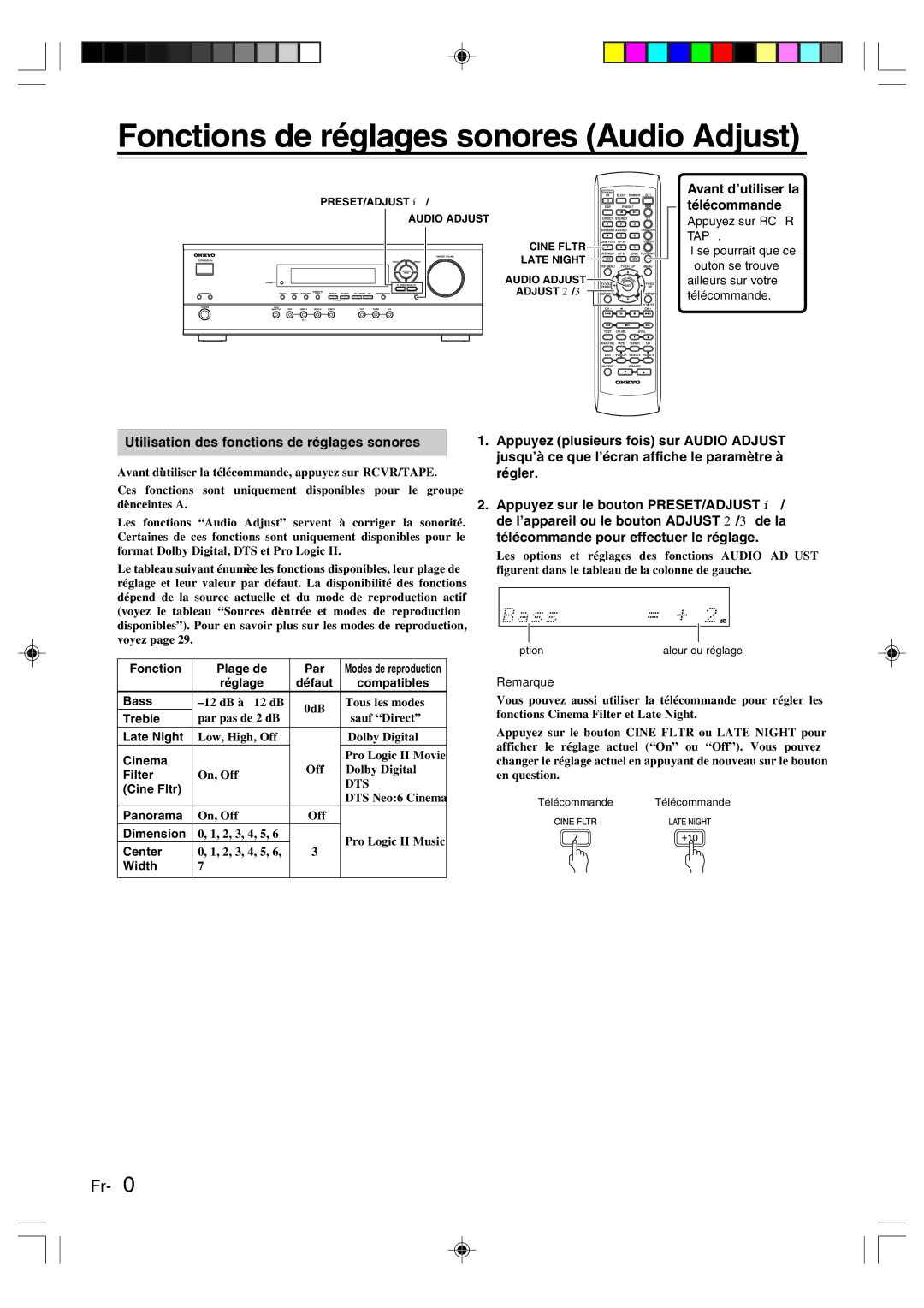 Onkyo HT-R420 manual Fonctions de réglages sonores Audio Adjust, Utilisation des fonctions de réglages sonores 