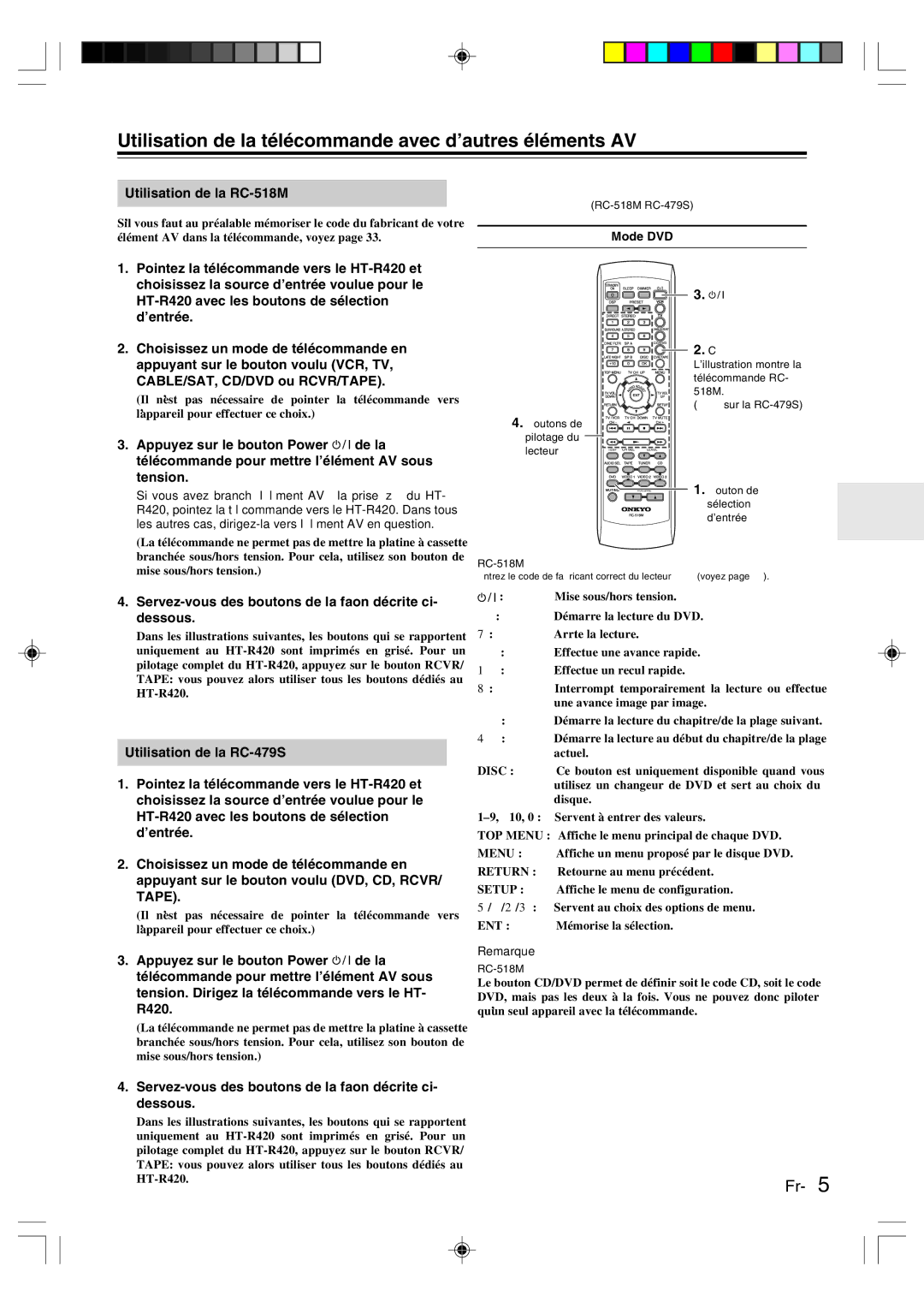 Onkyo Utilisation de la RC-518M, Pointez la télécommande vers le HT-R420 et, HT-R420 avec les boutons de sélection 