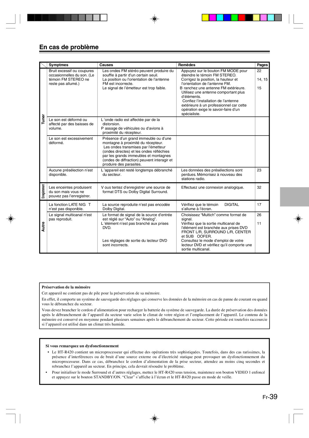 Onkyo HT-R420 manual En cas de problème, Tuner, Symptômes Causes Remèdes Pages, Autre 