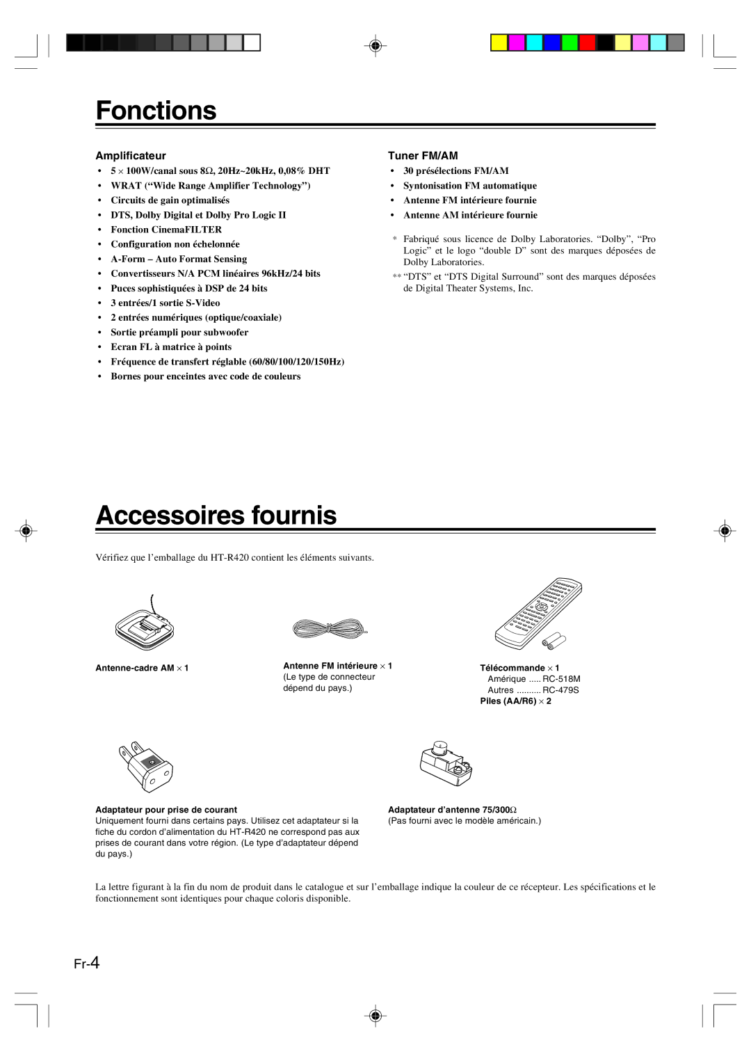 Onkyo HT-R420 manual Fonctions, Accessoires fournis, Amplificateur, Tuner FM/AM 