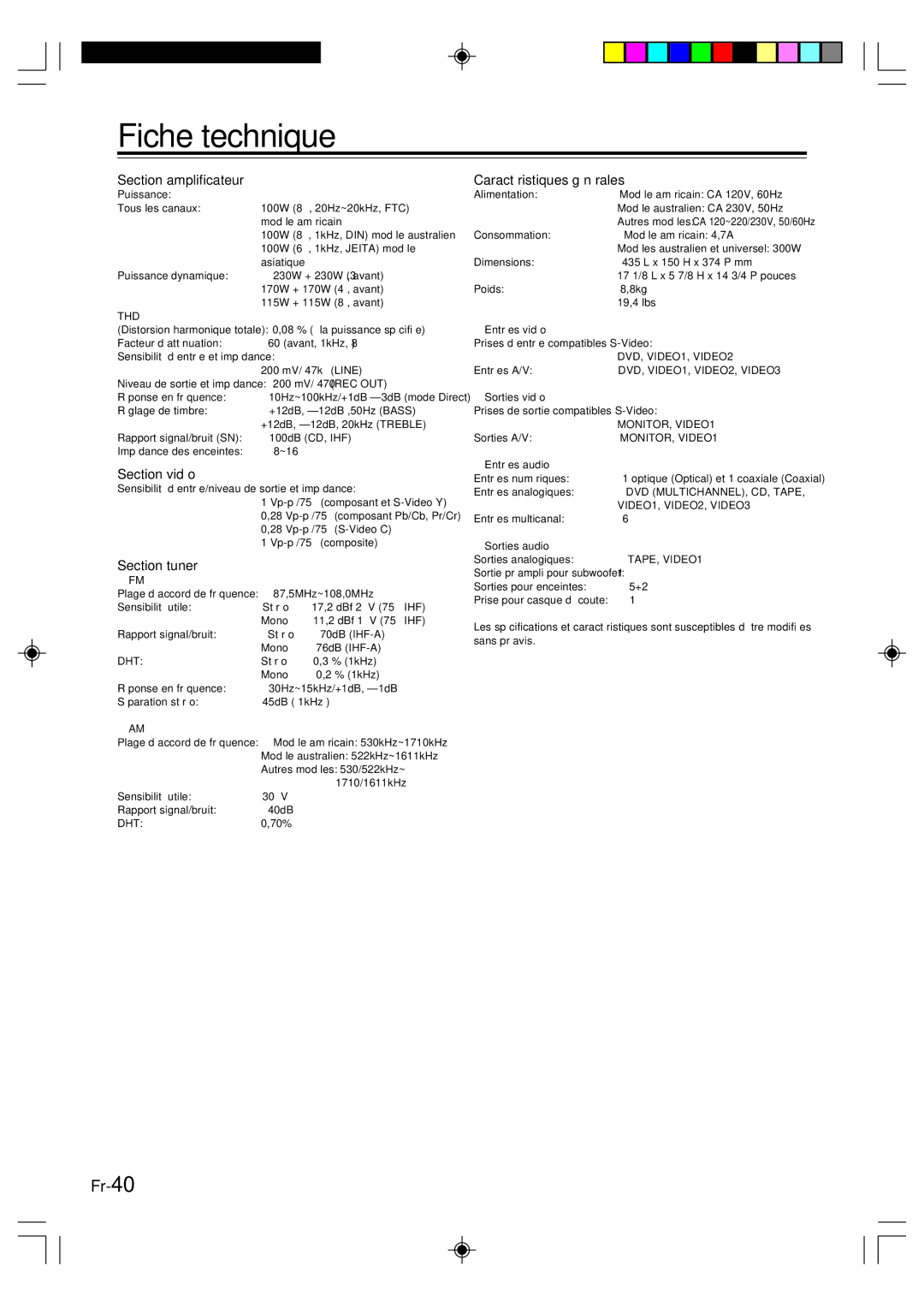 Onkyo HT-R420 manual Fiche technique, Section amplificateur, Section vidéo, Section tuner FM, Caractéristiques générales 