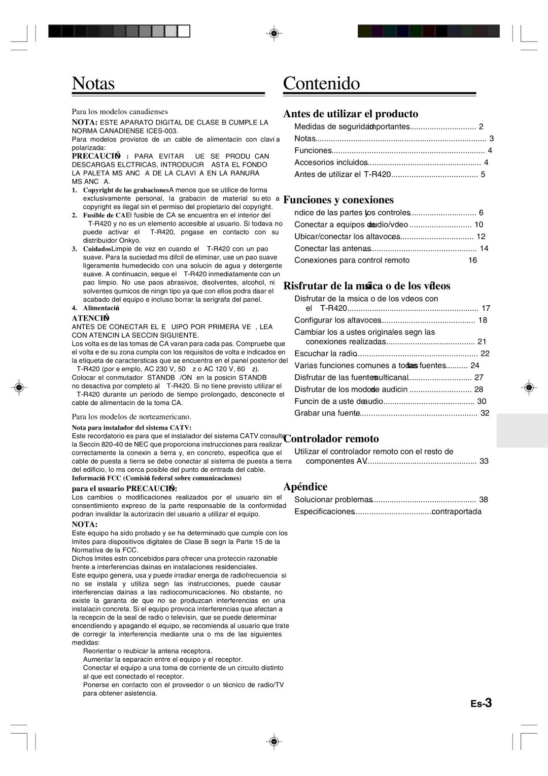 Onkyo HT-R420 manual Notas, Contenido, Para los modelos canadienses, Para los modelos de norteamericano 