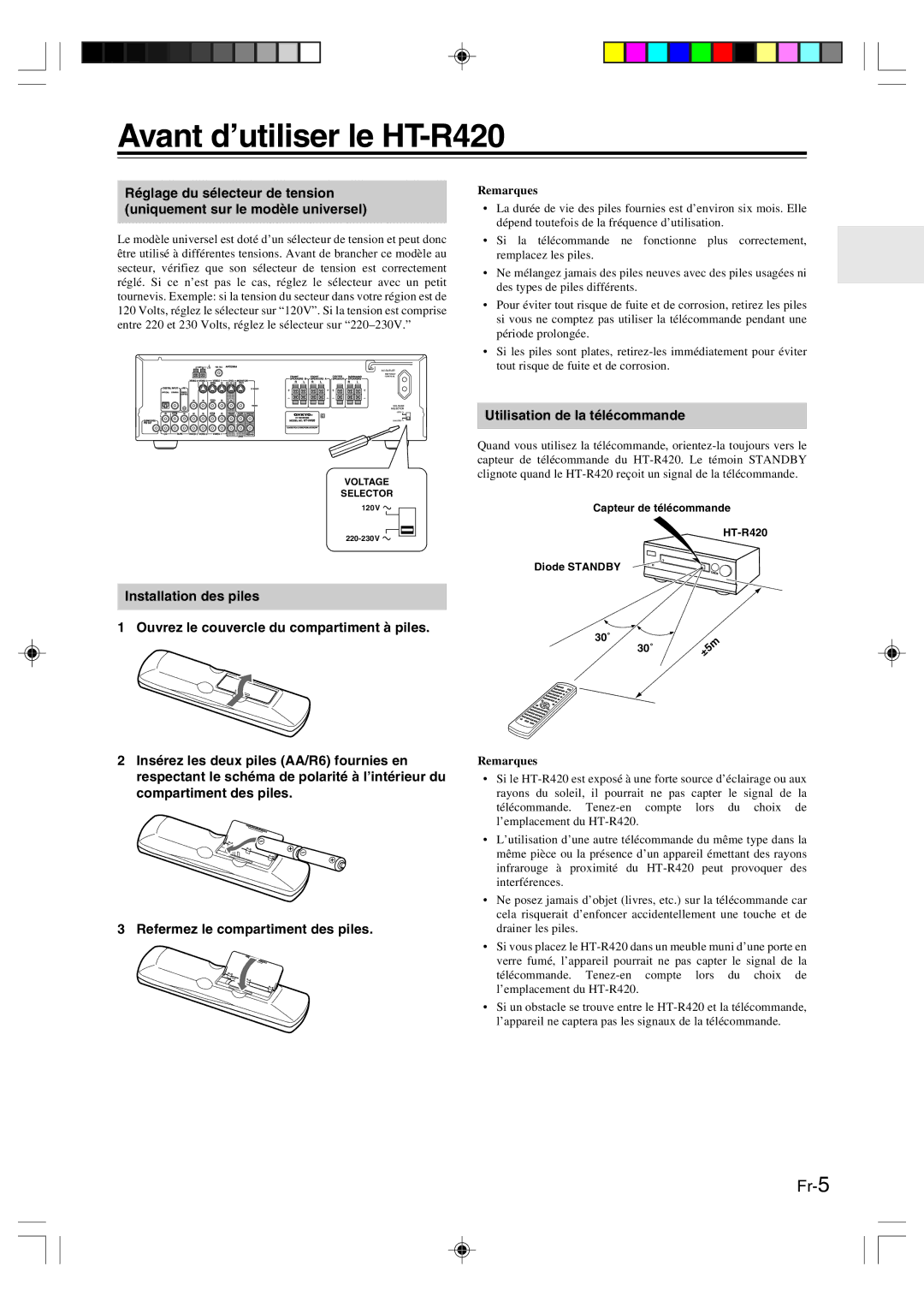 Onkyo manual Avant d’utiliser le HT-R420, Utilisation de la télécommande, Remarques 