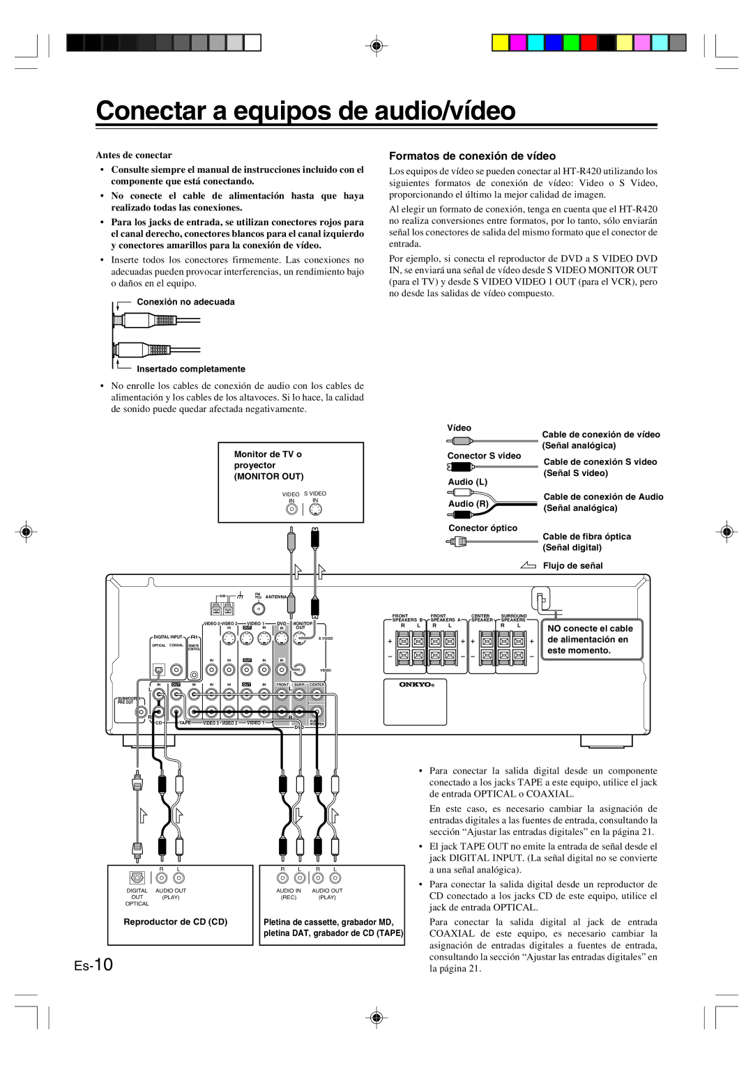 Onkyo HT-R420 manual Conectar a equipos de audio/vídeo, Formatos de conexión de vídeo, Antes de conectar 