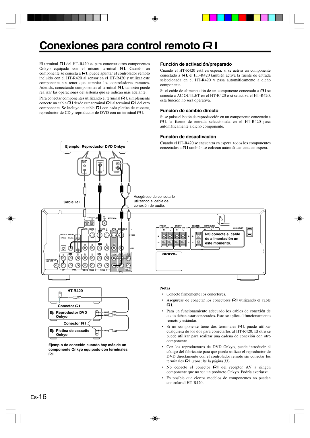 Onkyo HT-R420 manual Conexiones para control remoto z, Función de activación/preparado, Función de cambio directo 