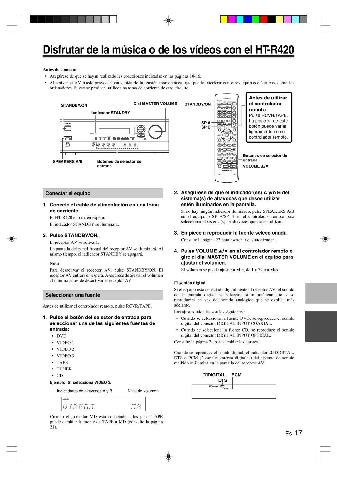 Onkyo HT-R420 manual Antes de utilizar, El controlador, Remoto, Pulse STANDBY/ON, Seleccionar una fuente 