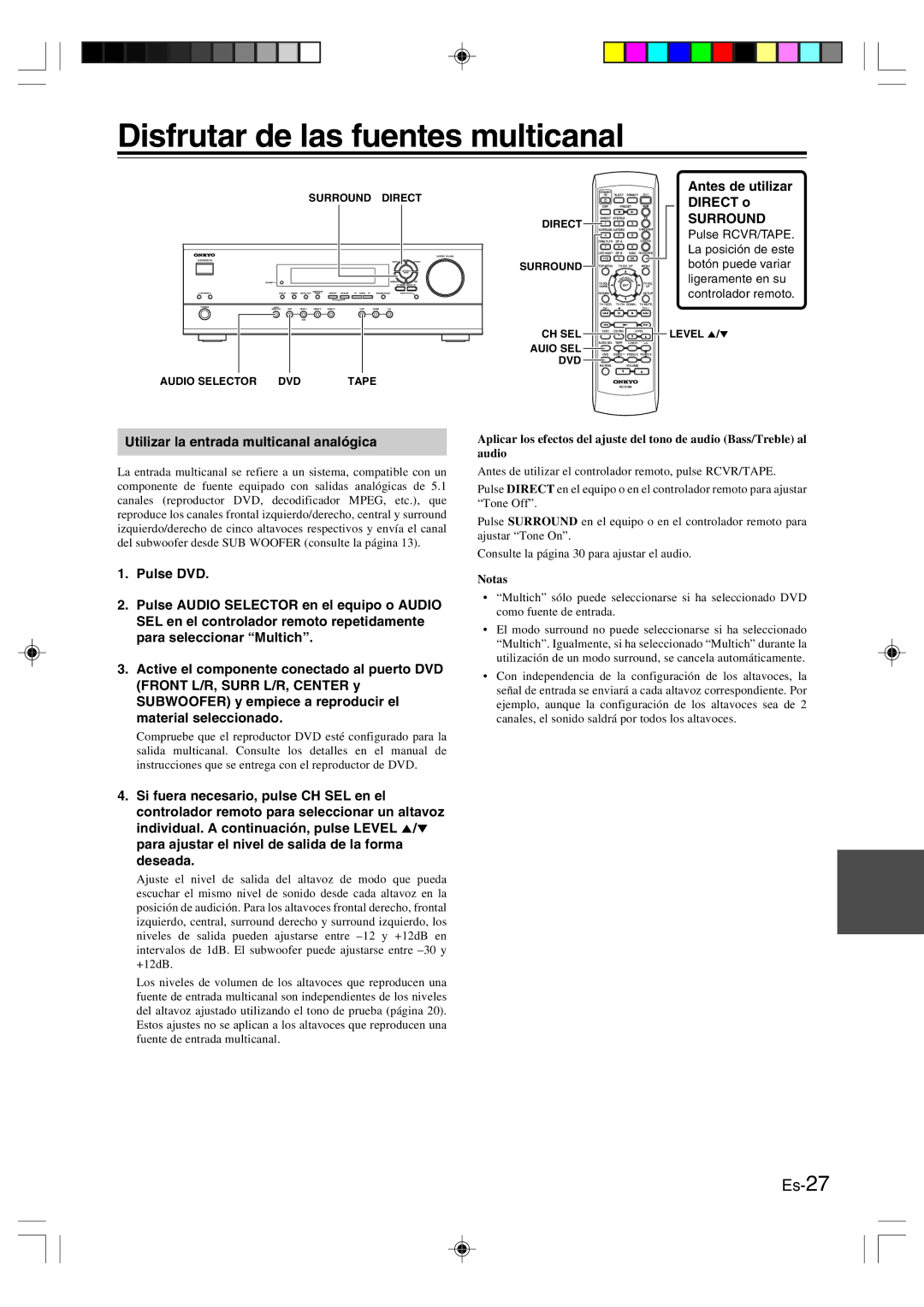 Onkyo HT-R420 Disfrutar de las fuentes multicanal, Antes de utilizar Direct o, Utilizar la entrada multicanal analógica 