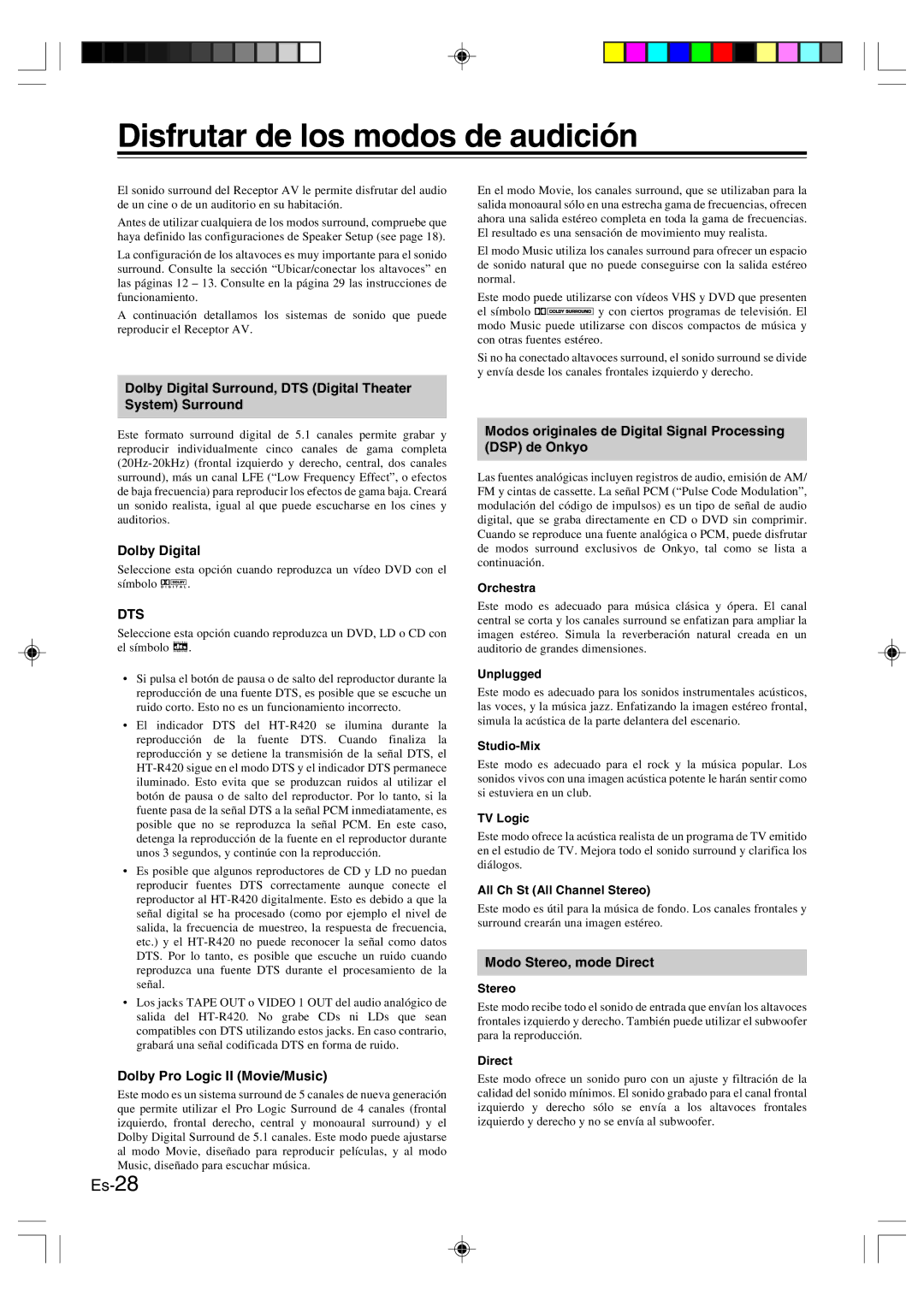 Onkyo HT-R420 manual Disfrutar de los modos de audición, Modos originales de Digital Signal Processing DSP de Onkyo 