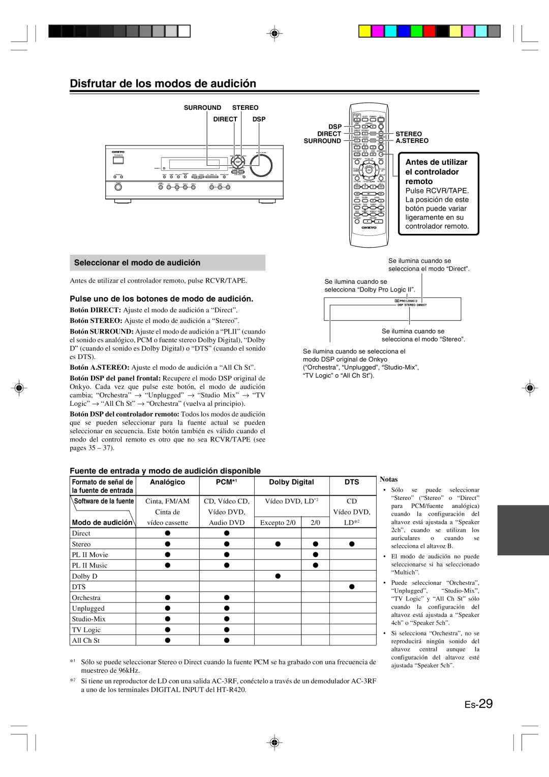 Onkyo HT-R420 Disfrutar de los modos de audición, Seleccionar el modo de audición, Antes de utilizar el controlador remoto 