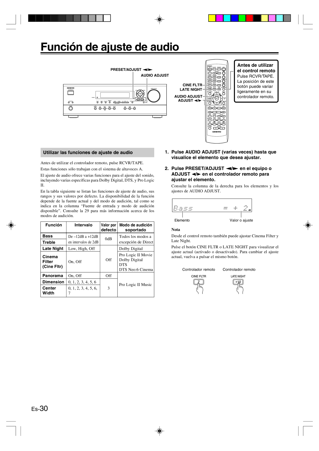 Onkyo HT-R420 Función de ajuste de audio, Antes de utilizar el control remoto, Utilizar las funciones de ajuste de audio 