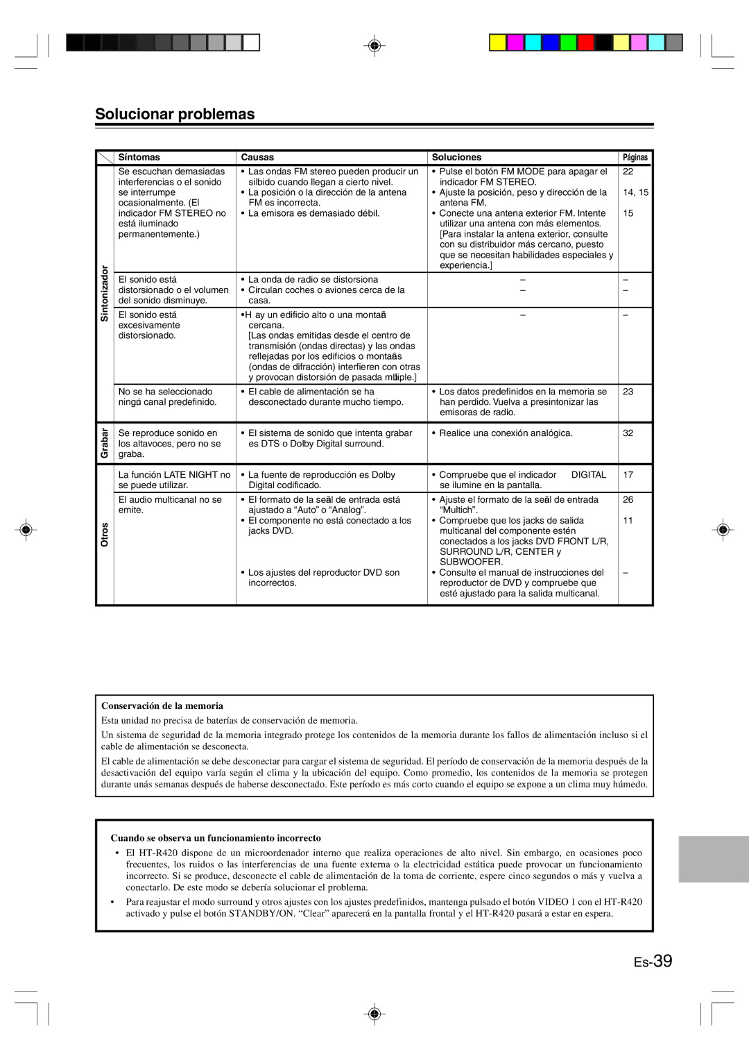 Onkyo HT-R420 manual Solucionar problemas, Sintonizador Grabar Otros Síntomas Causas Soluciones, Conservación de la memoria 