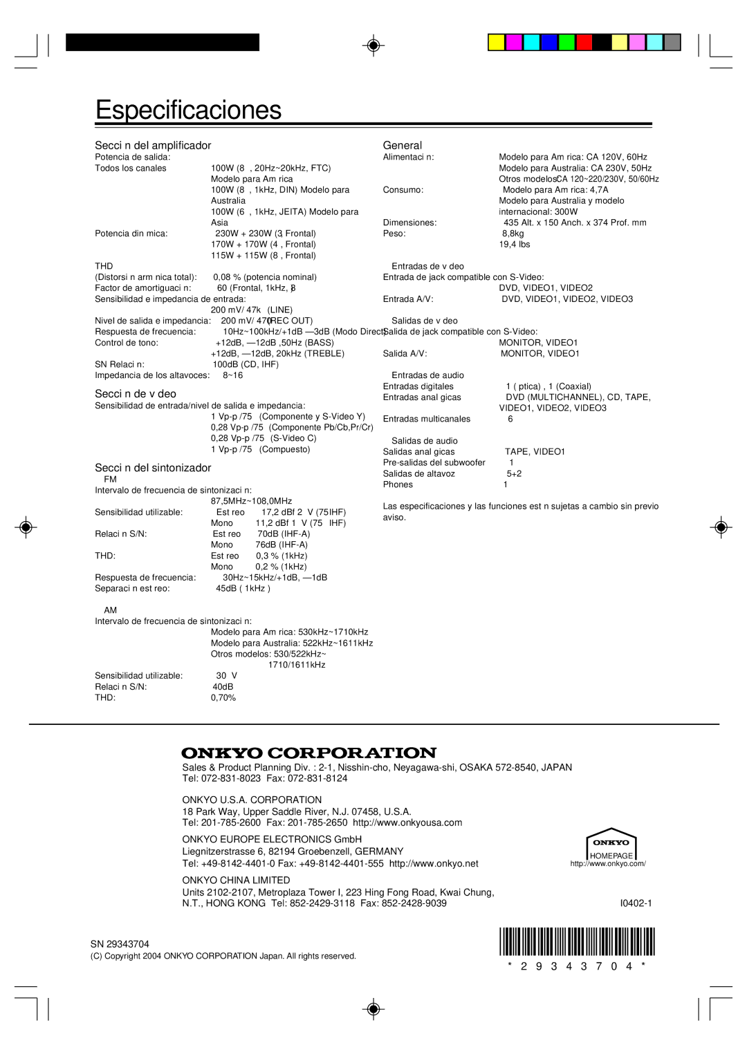 Onkyo HT-R420 manual Especificaciones, Sección del amplificador, Sección de vídeo, Sección del sintonizador, General 