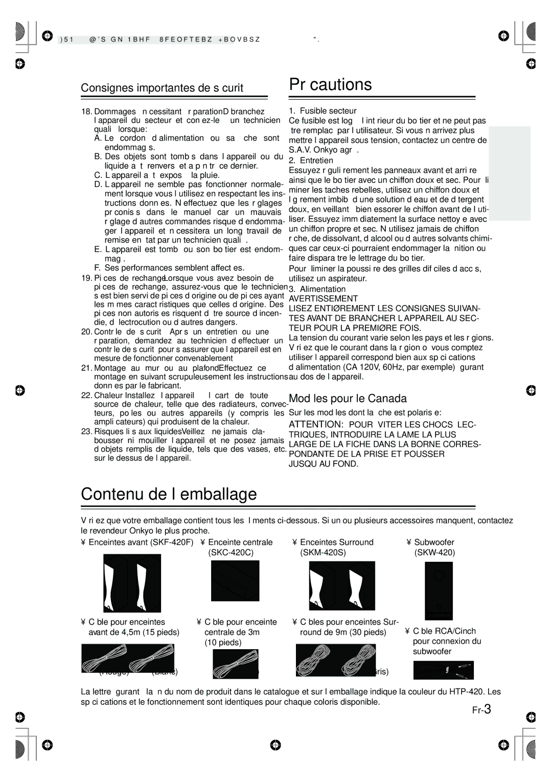 Onkyo HT-R420 manual Précautions, Contenu de l’emballage, Consignes importantes de sécurité 