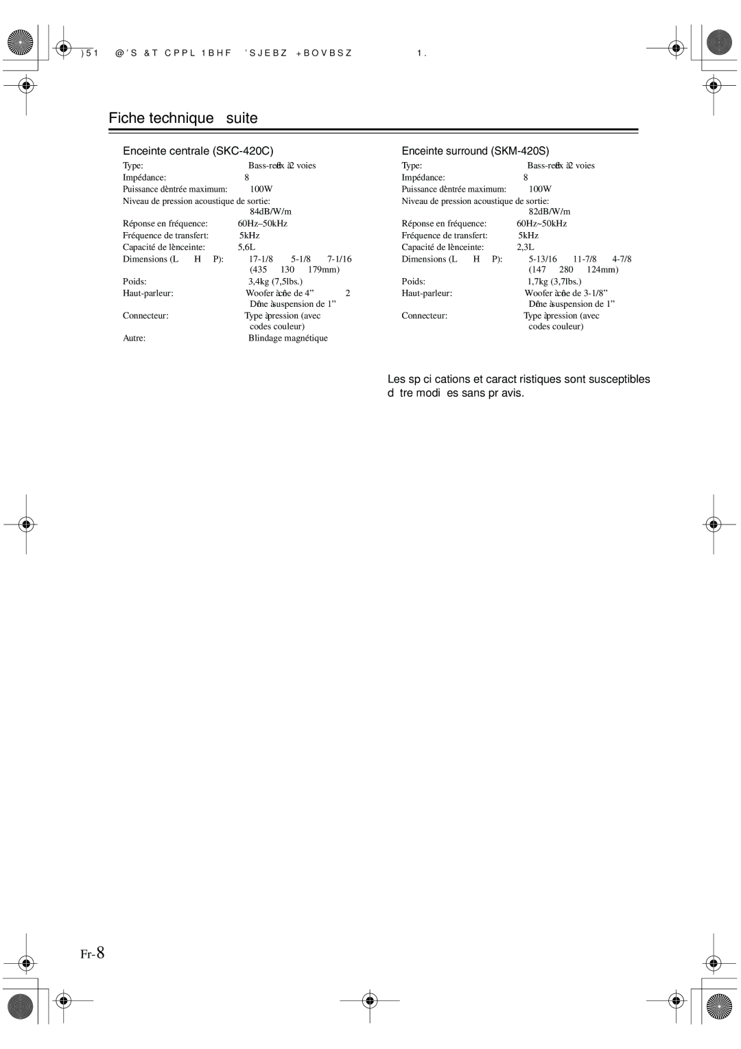 Onkyo HT-R420 manual Fiche technique-suite, Enceinte centrale SKC-420C Enceinte surround SKM-420S 