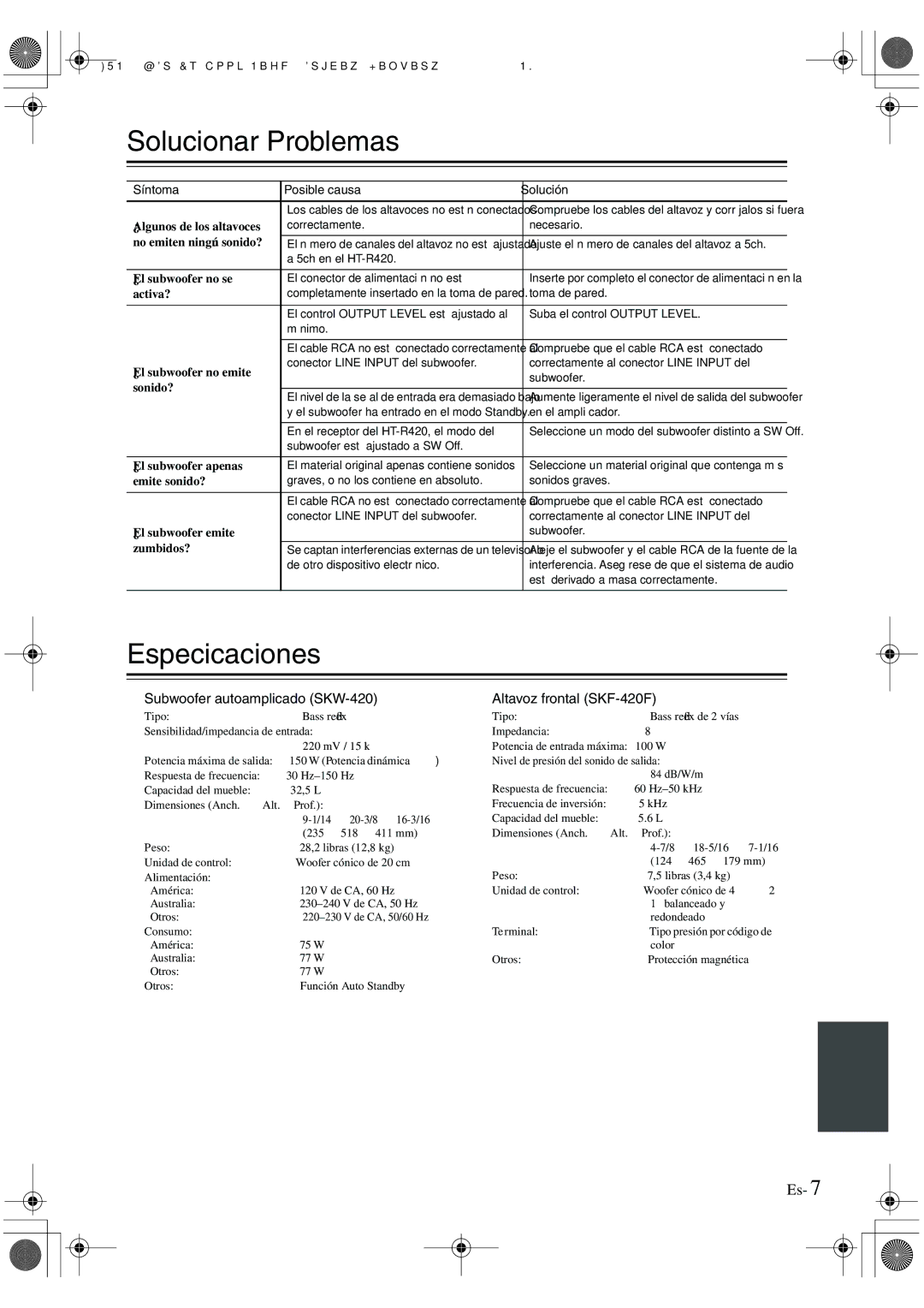 Onkyo HT-R420 manual Solucionar Problemas, Especiﬁcaciones, Subwoofer autoampliﬁcado SKW-420, Altavoz frontal SKF-420F 