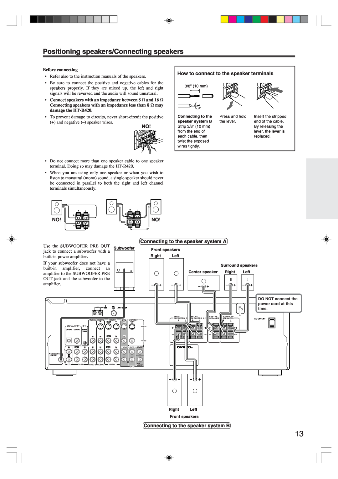 Onkyo HT-R420 appendix Positioning speakers/Connecting speakers, How to connect to the speaker terminals, Before connecting 