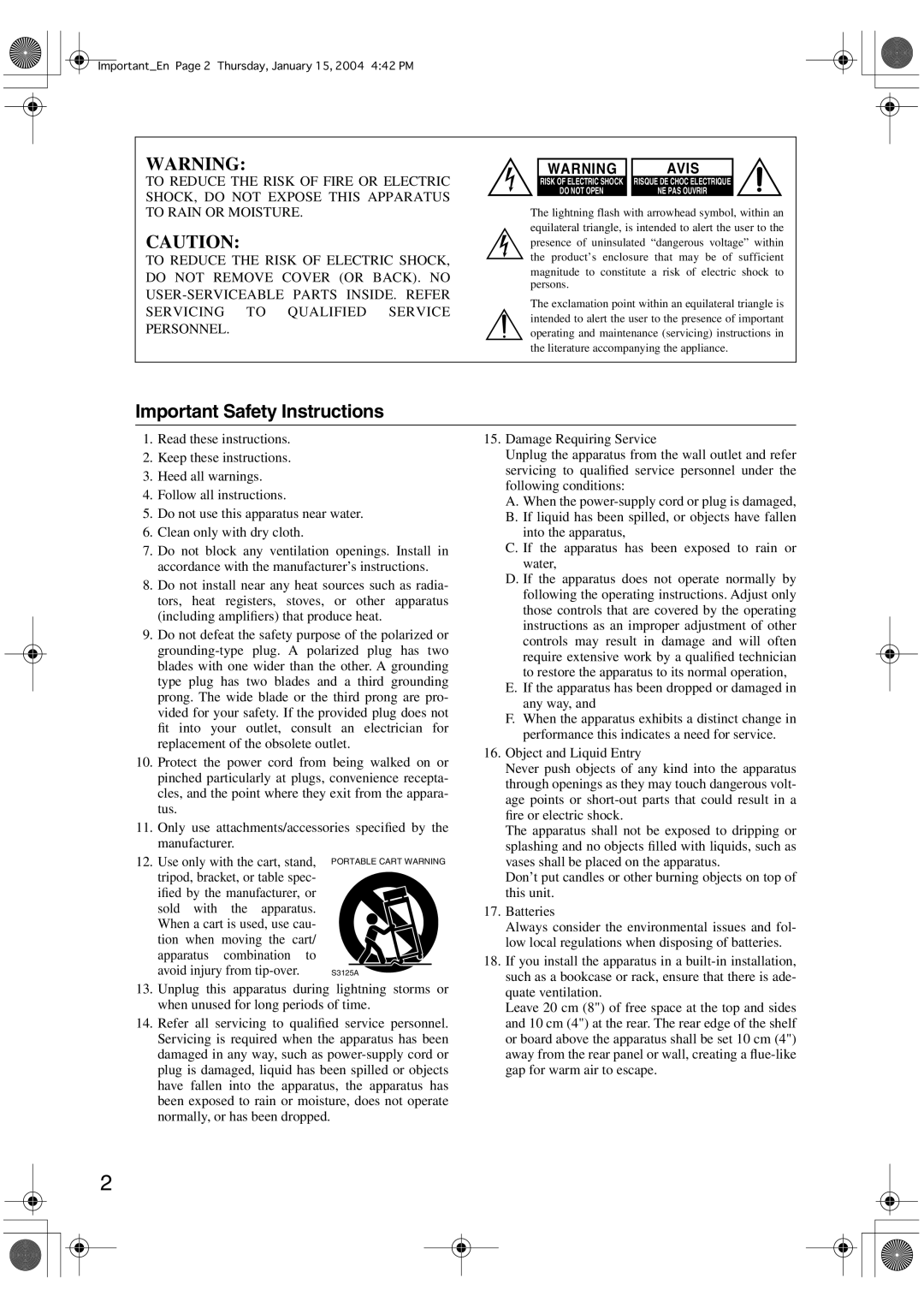 Onkyo HT-R420 appendix Important Safety Instructions, Avis 