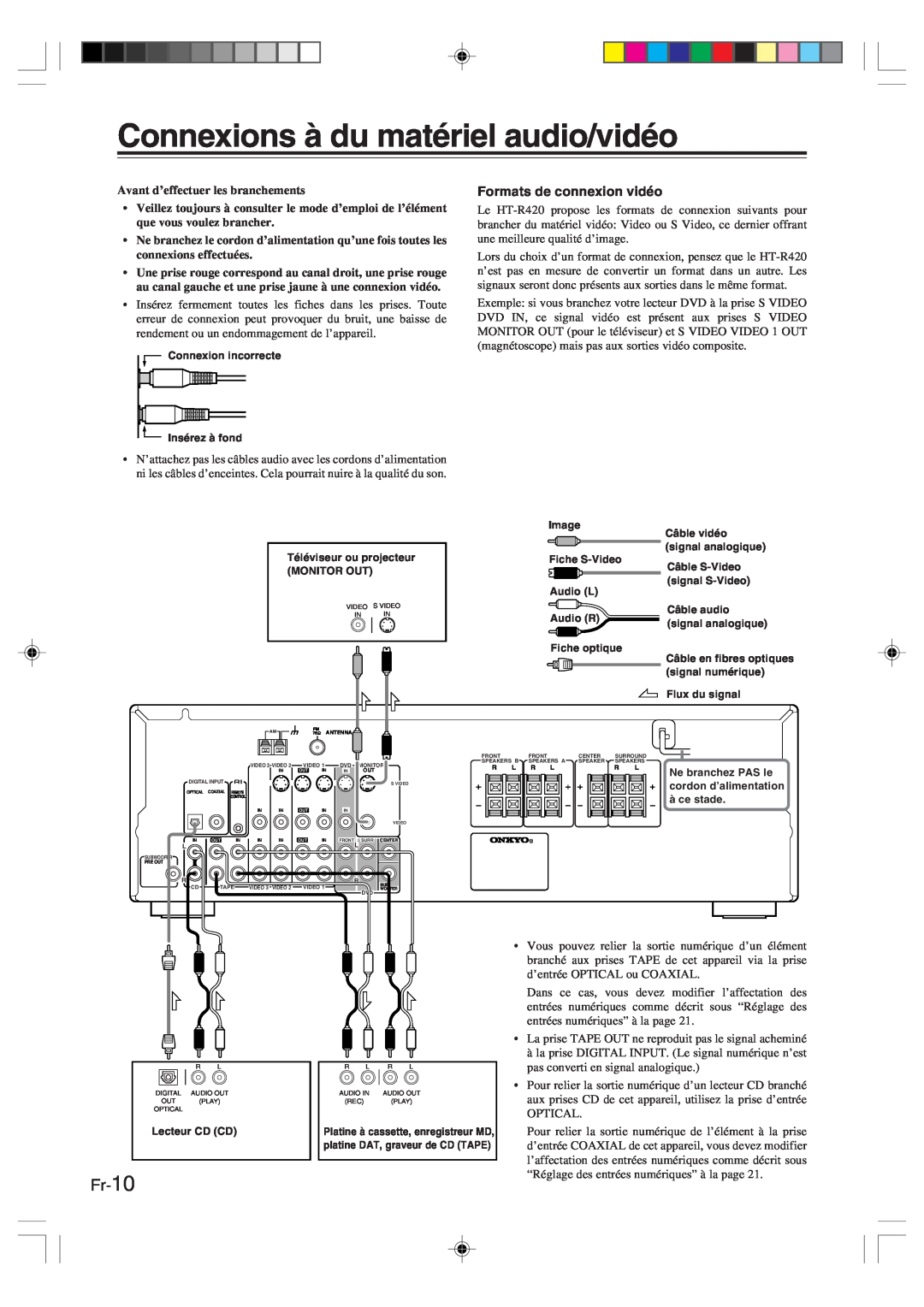 Onkyo HT-R420 manual Connexions à du matériel audio/vidéo, Fr-10, Avant d’effectuer les branchements 