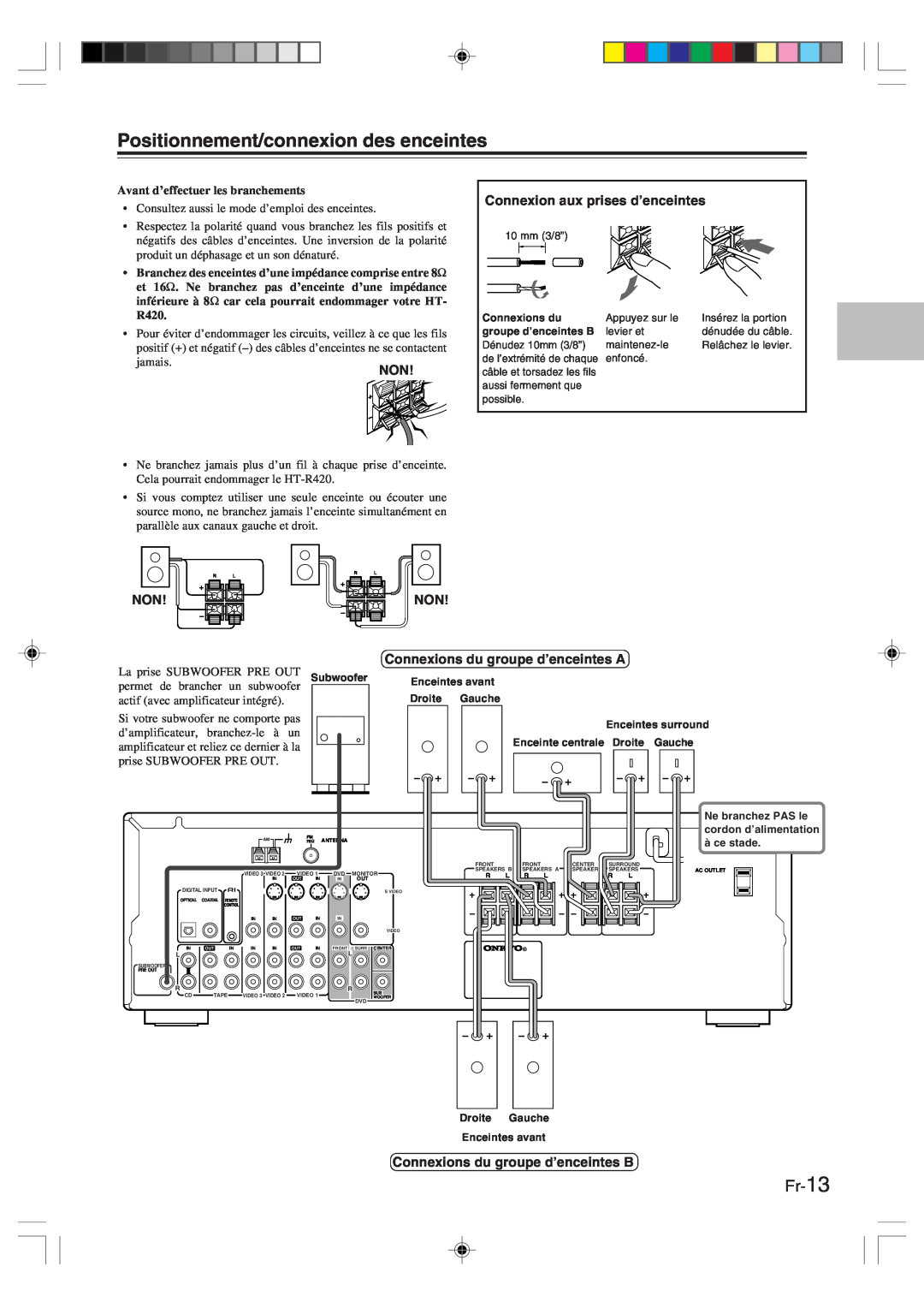Onkyo HT-R420 manual Positionnement/connexion des enceintes, Fr-13, Avant d’effectuer les branchements 