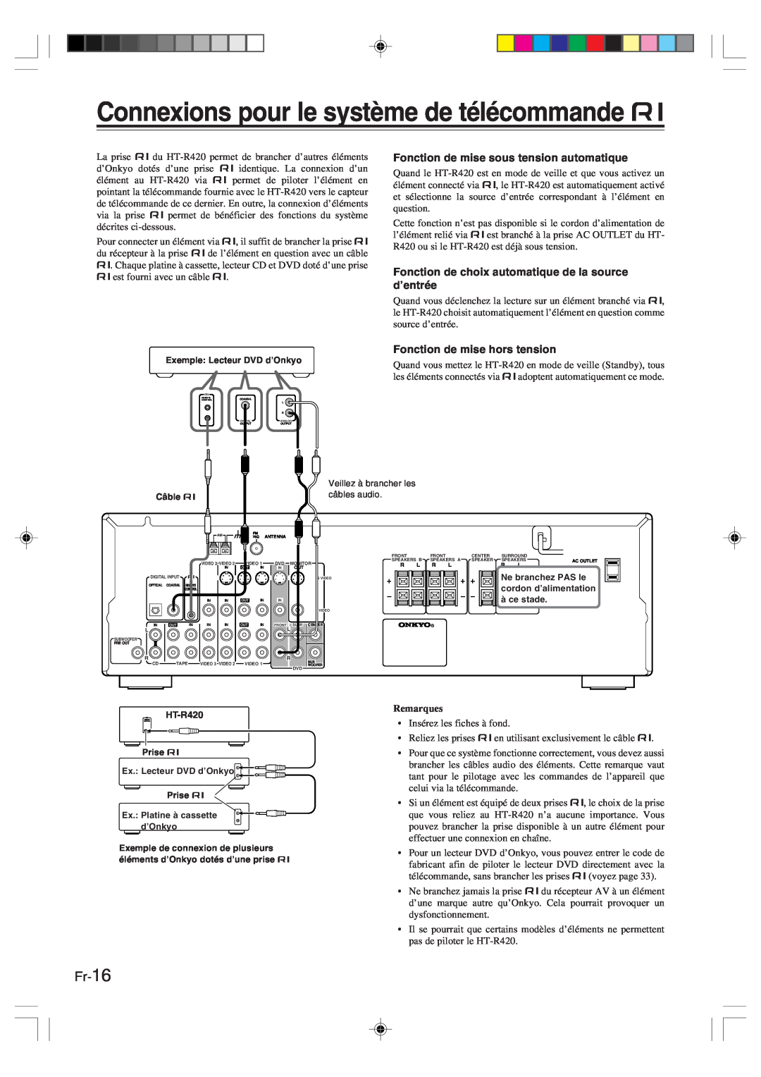 Onkyo HT-R420 manual Connexions pour le système de télécommande z, Fr-16, Remarques 