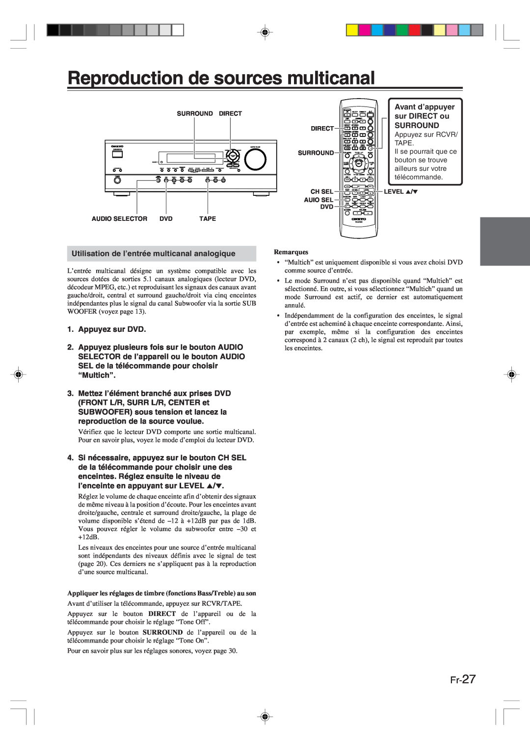 Onkyo HT-R420 manual Reproduction de sources multicanal, Fr-27, Avant d’appuyer, Remarques 