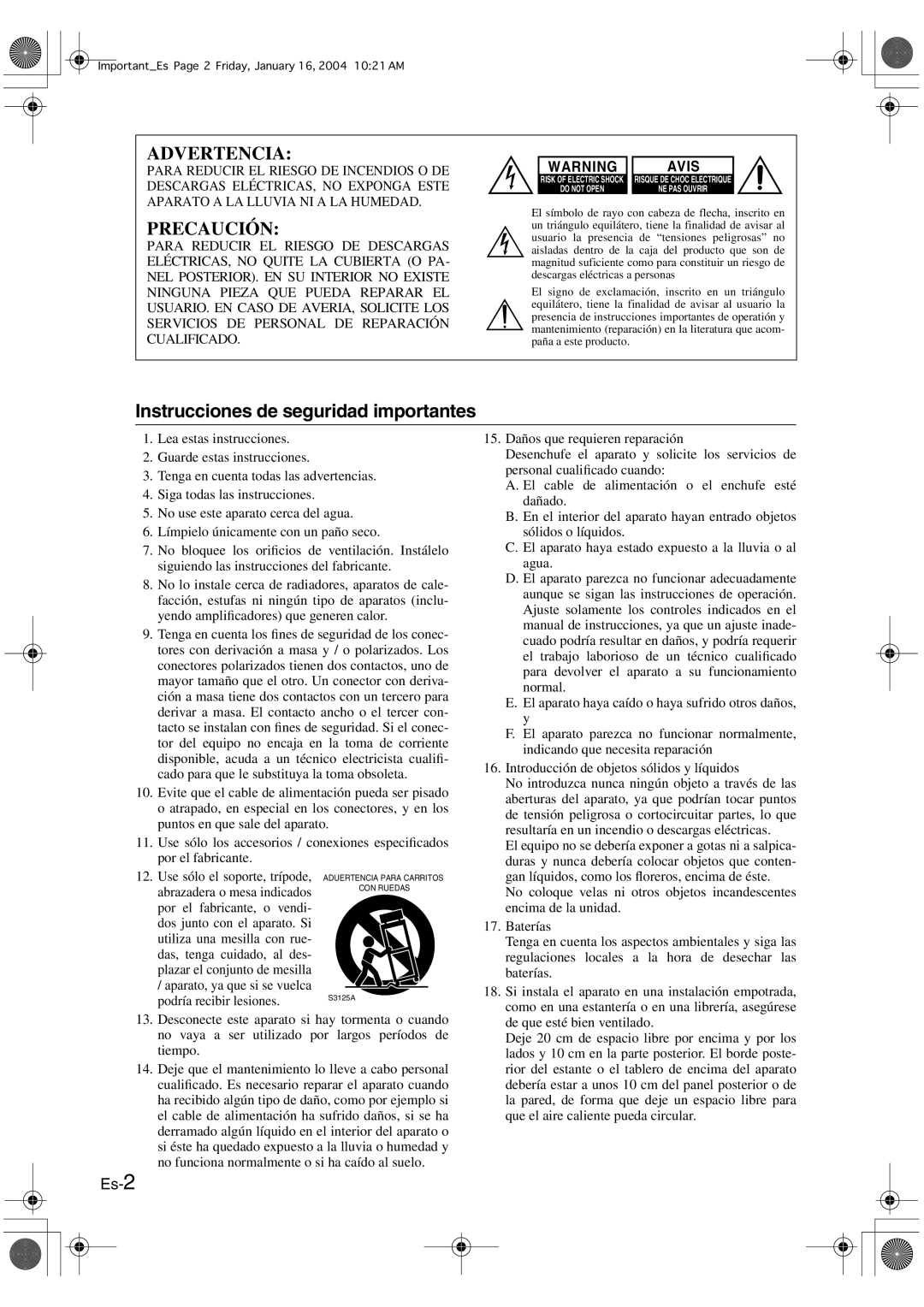 Onkyo HT-R420 manual Advertencia, Precaución, Instrucciones de seguridad importantes, Es-2, Avis 