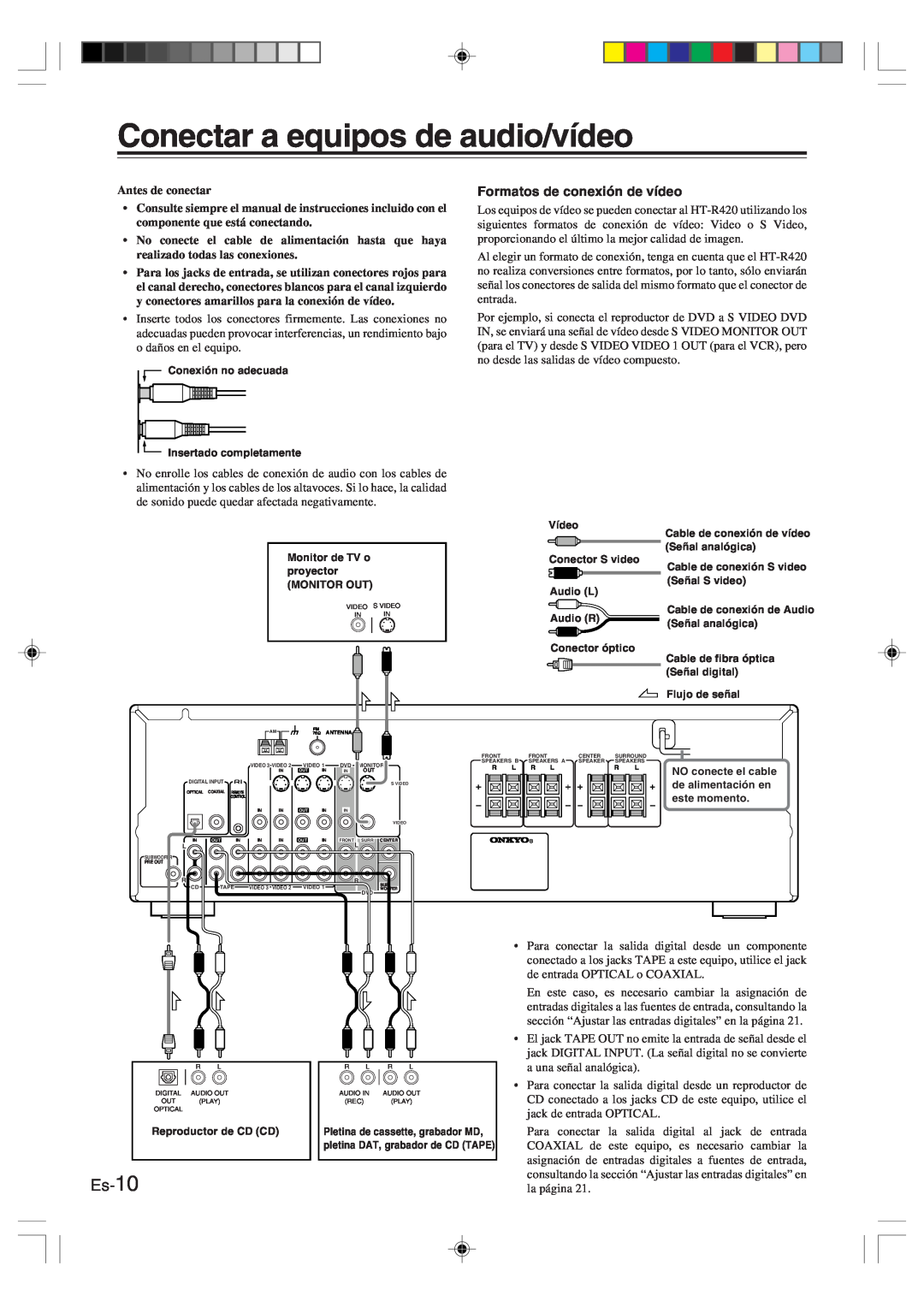 Onkyo HT-R420 manual Conectar a equipos de audio/vídeo, Es-10, Antes de conectar 